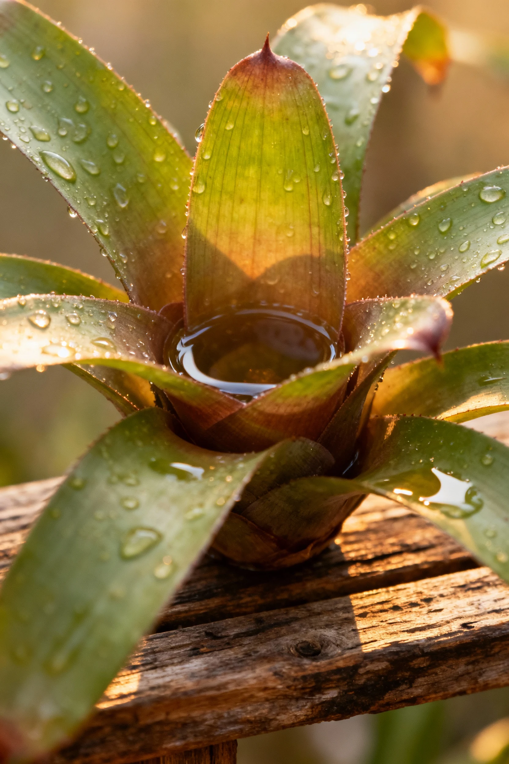 Closeup bromeliad cup on branch shelf with water droplets