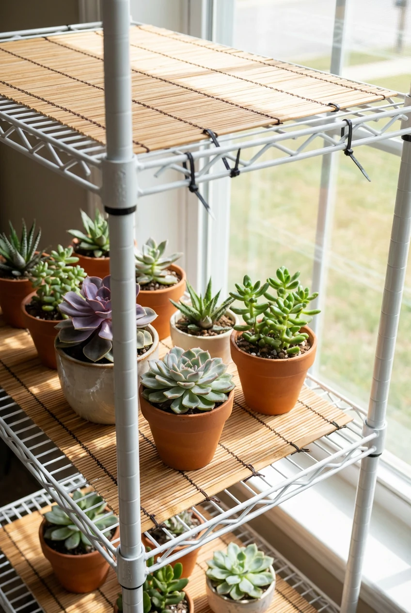 closeup epoxy-coated wire shelf, zip-tied bamboo mats, succulents