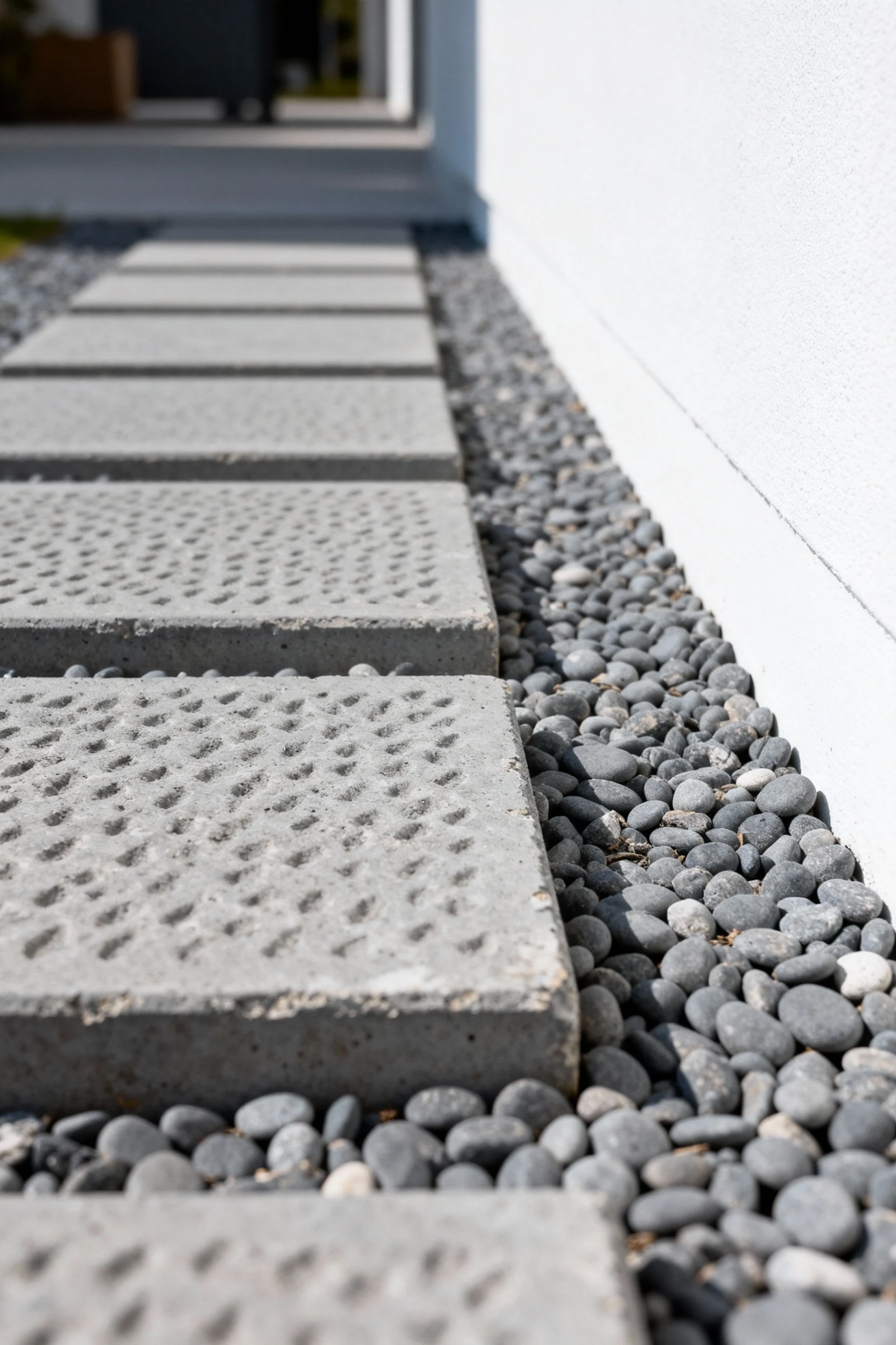 closeup gray concrete pavers in pea gravel, clean wall border
