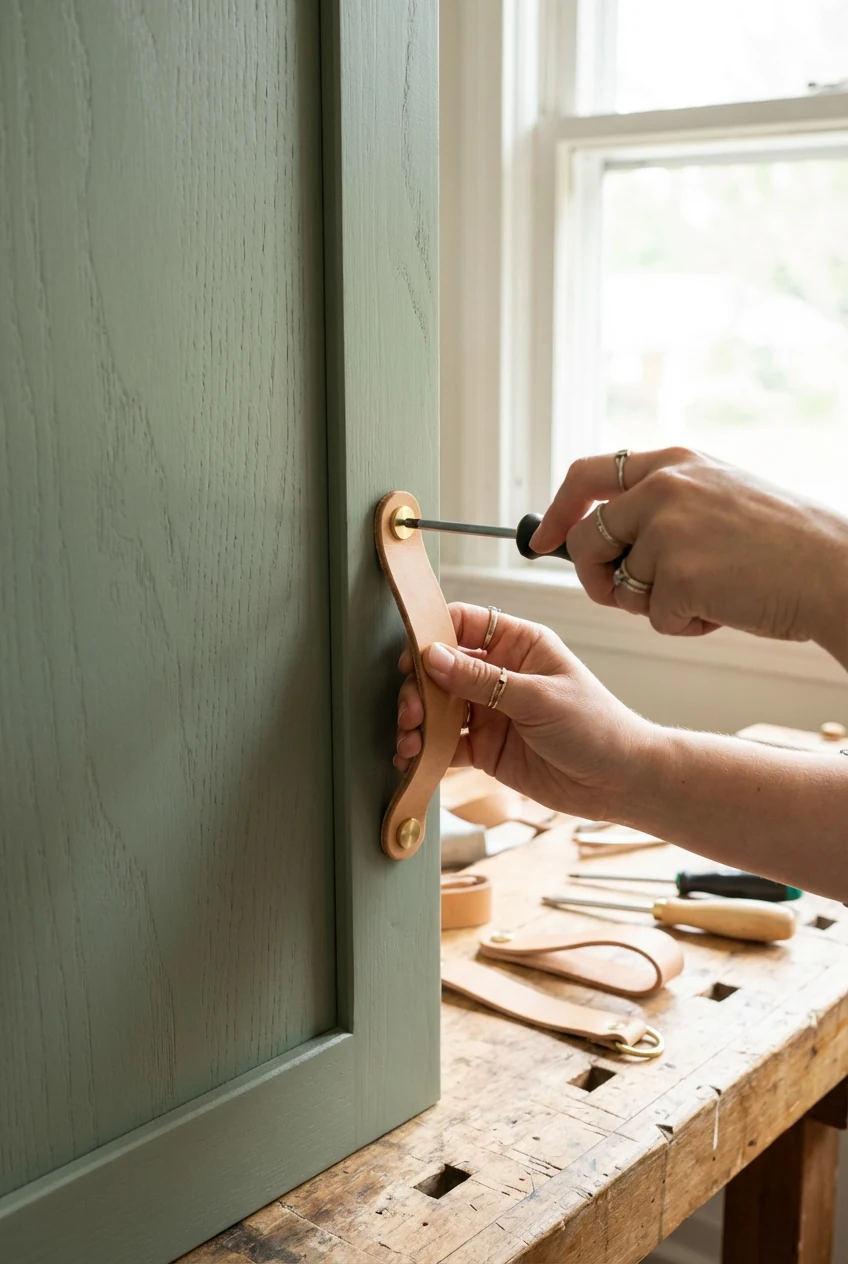 closeup female hands installing leather pulls on sage cabinet