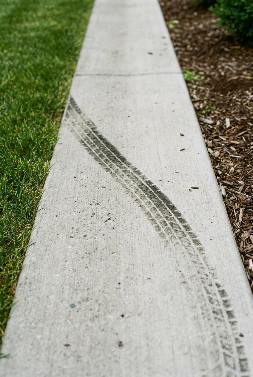 Closeup cast-in-place concrete mow strip, smooth, mower wheel mark