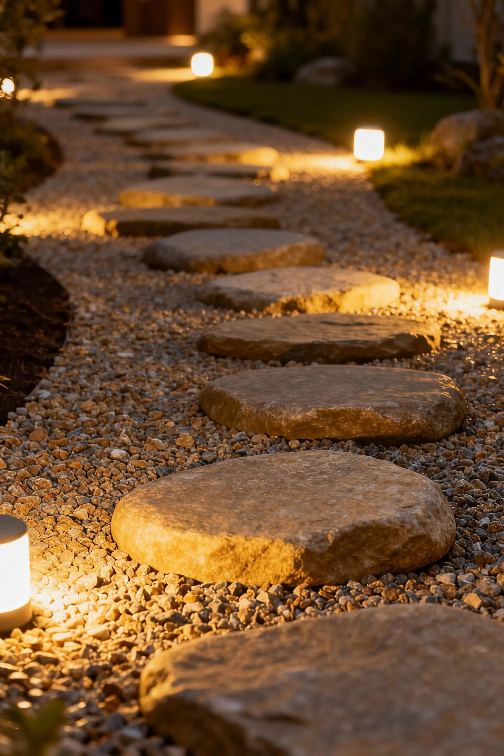decomposed granite path, oversized stepping stones, warm white lights