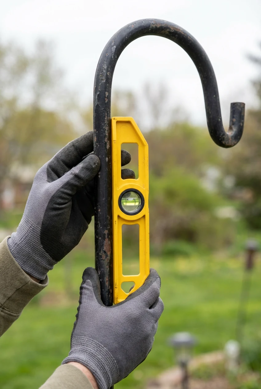 closeup hands using torpedo level against shepherd hook pole