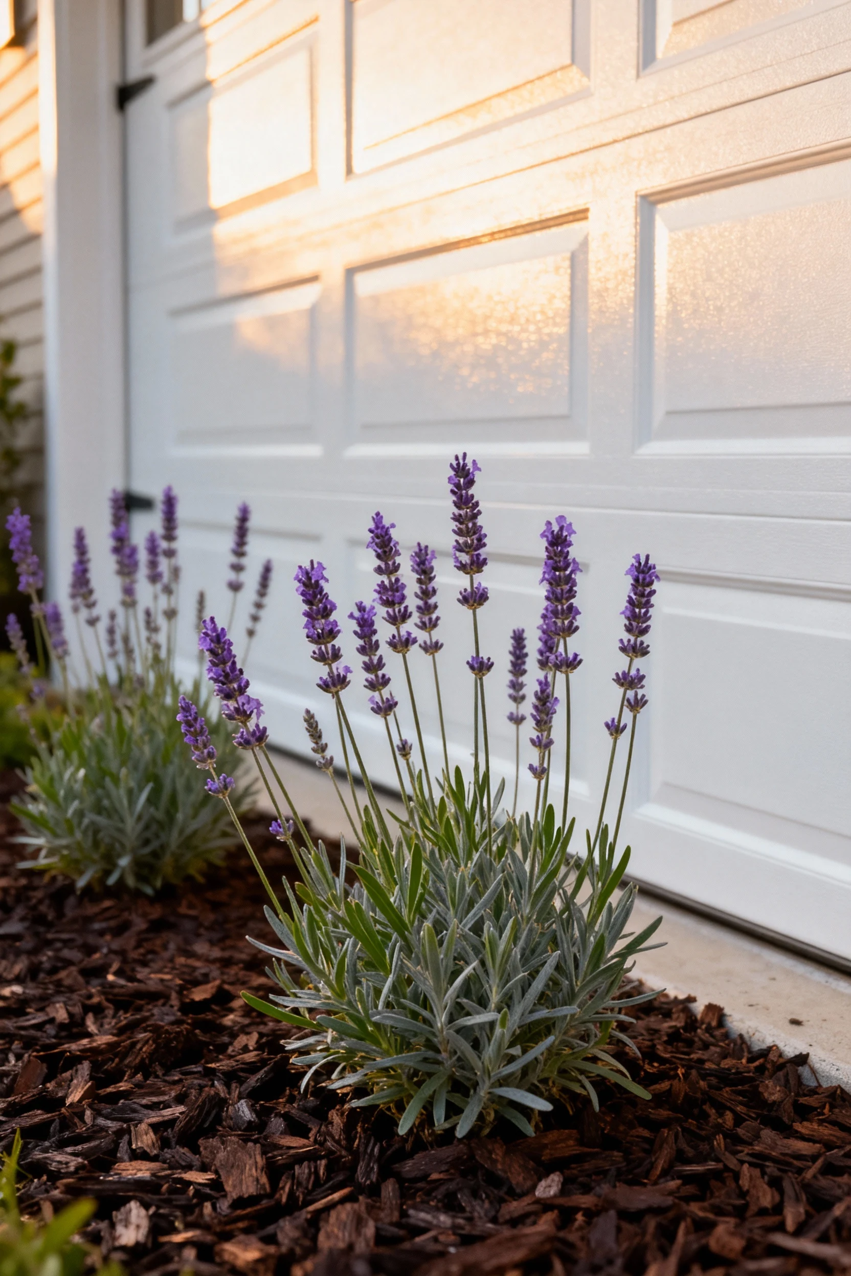 lavender plants in mulch beside white garage wall