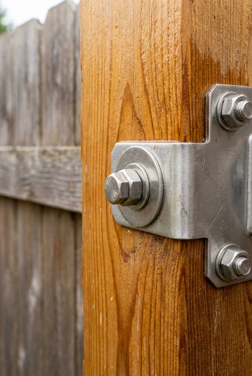 detail of stainless fasteners on sealed cedar fence post