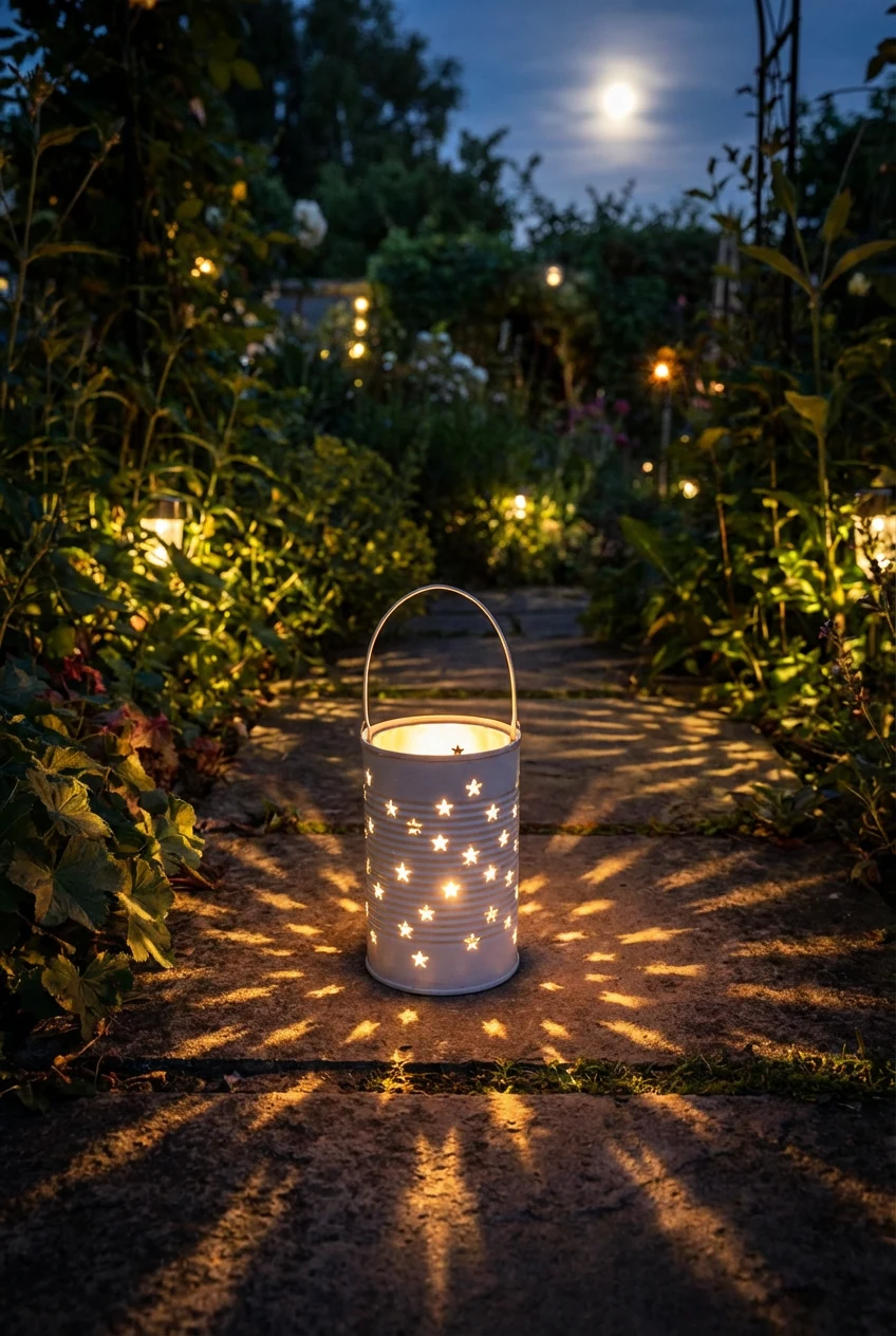 white-painted tin can lantern casting star pattern light on garden path at night