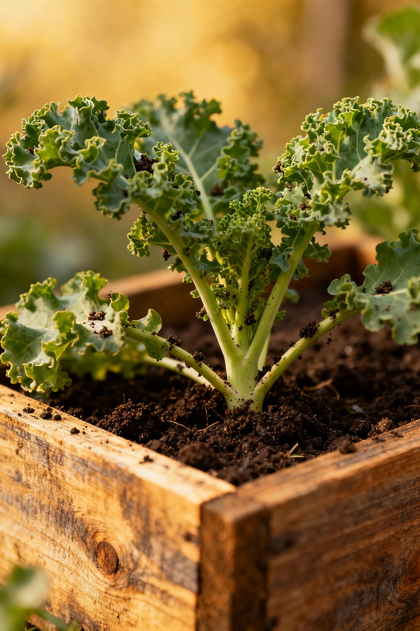 wooden container with kale leaves in moist soil