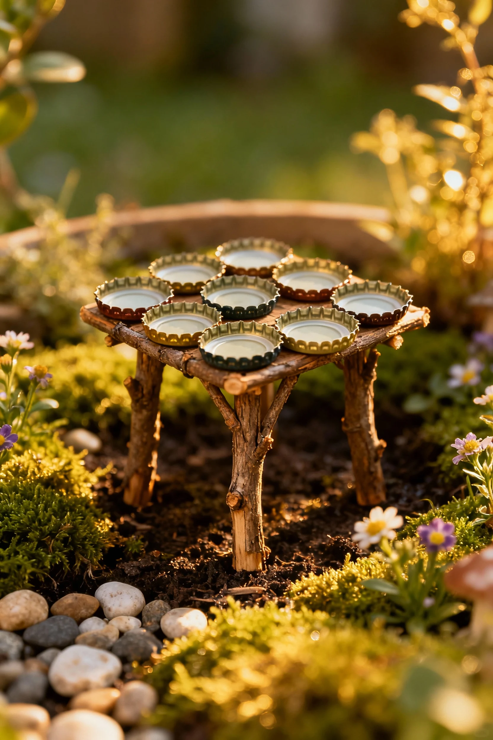 miniature table made from bottle caps and twigs in fairy garden