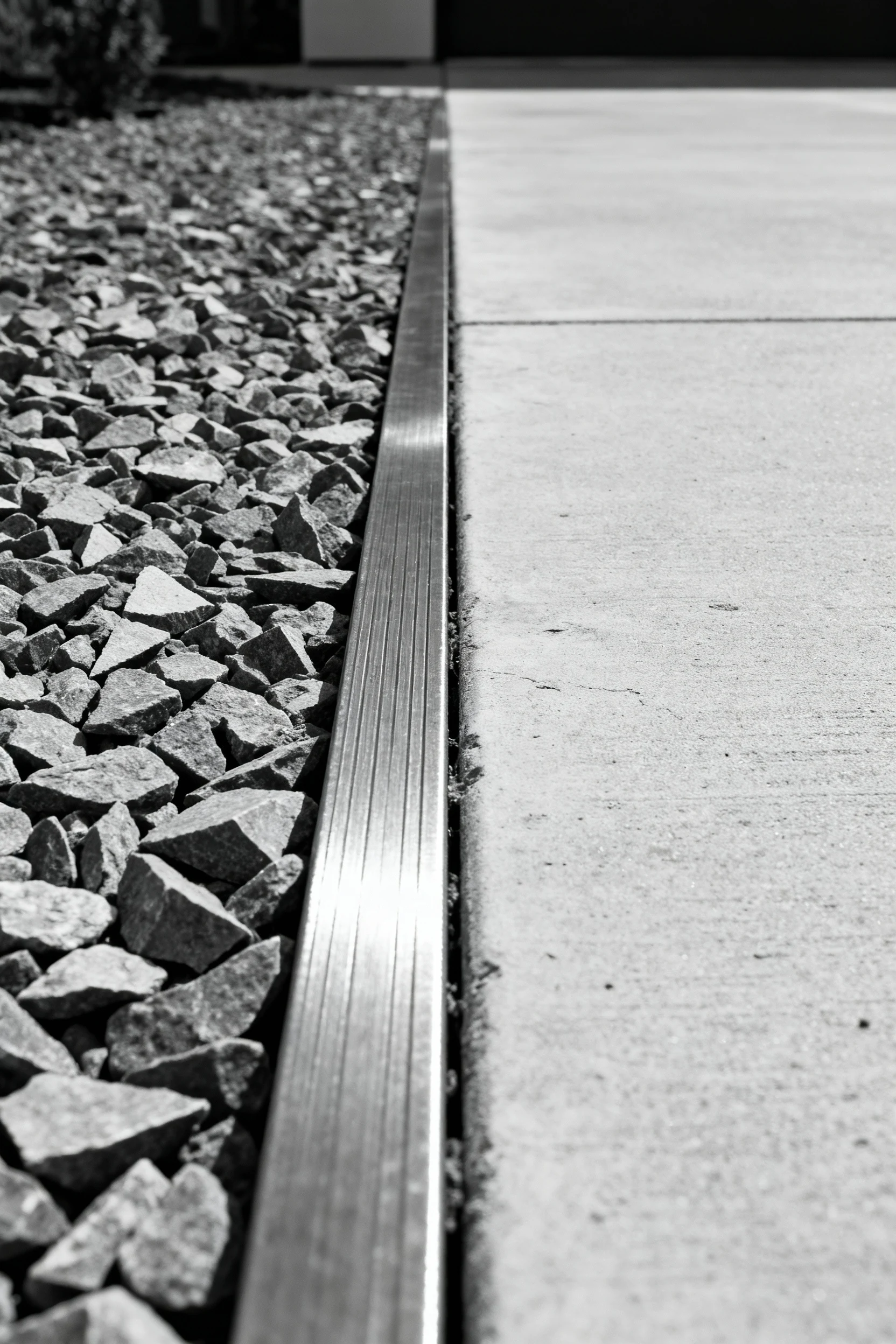 steel edging separating gray crushed gravel from concrete driveway, detail