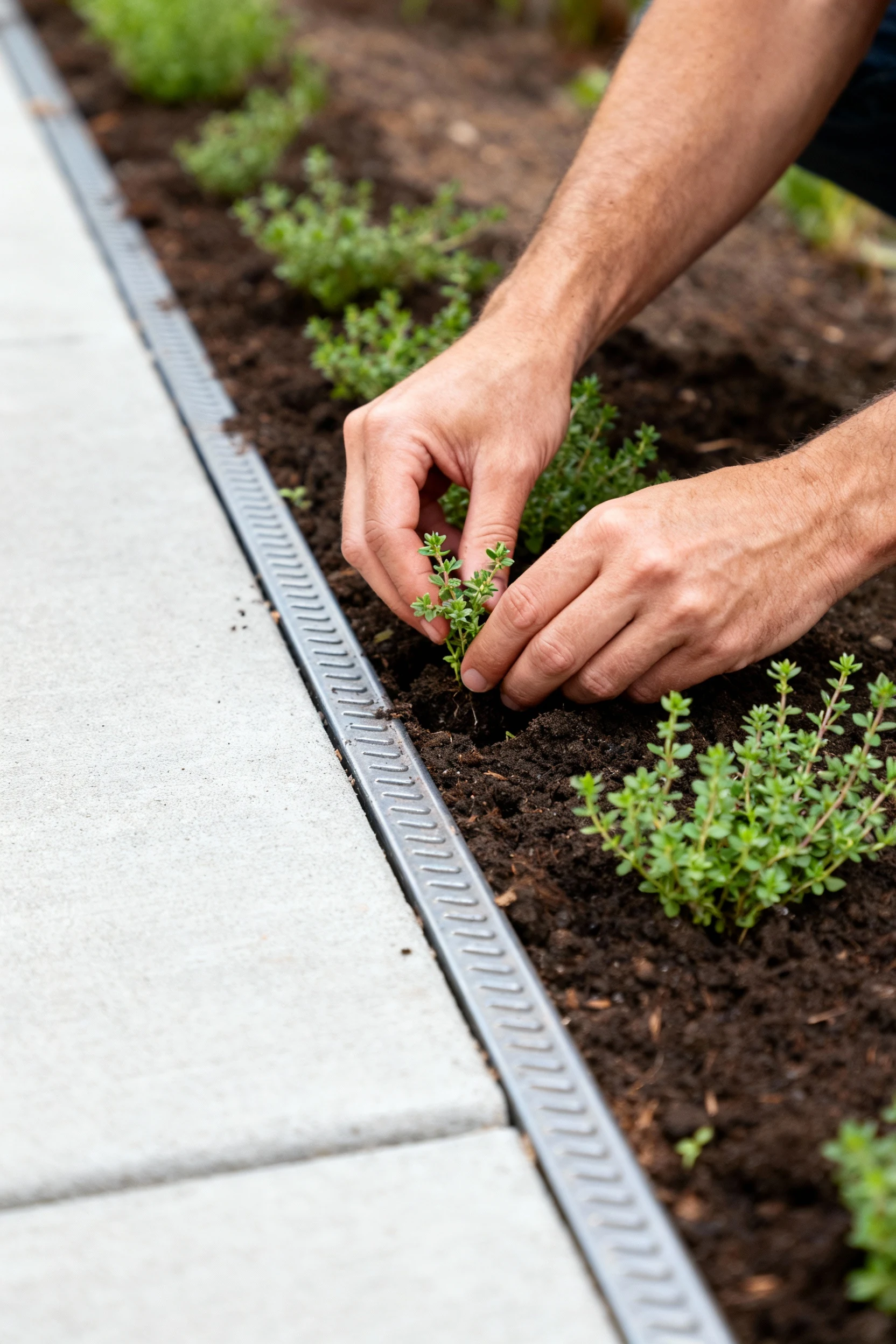 hands planting creeping thyme along metal walkway edging beside concrete path