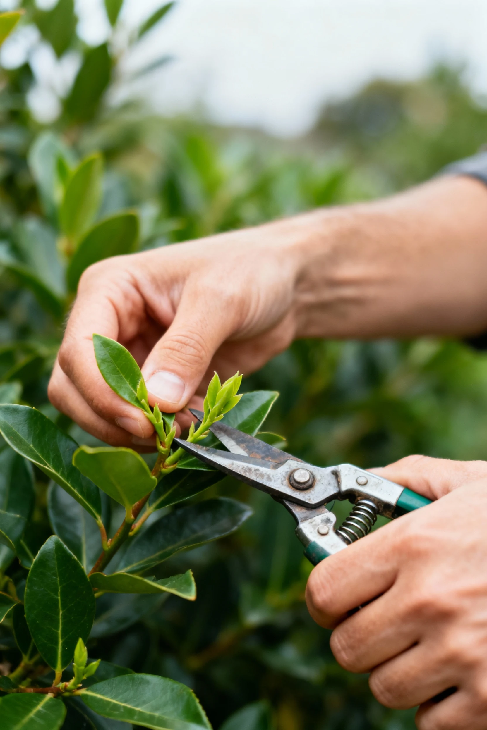 hands tip-pruning soft new growth on cherry laurel