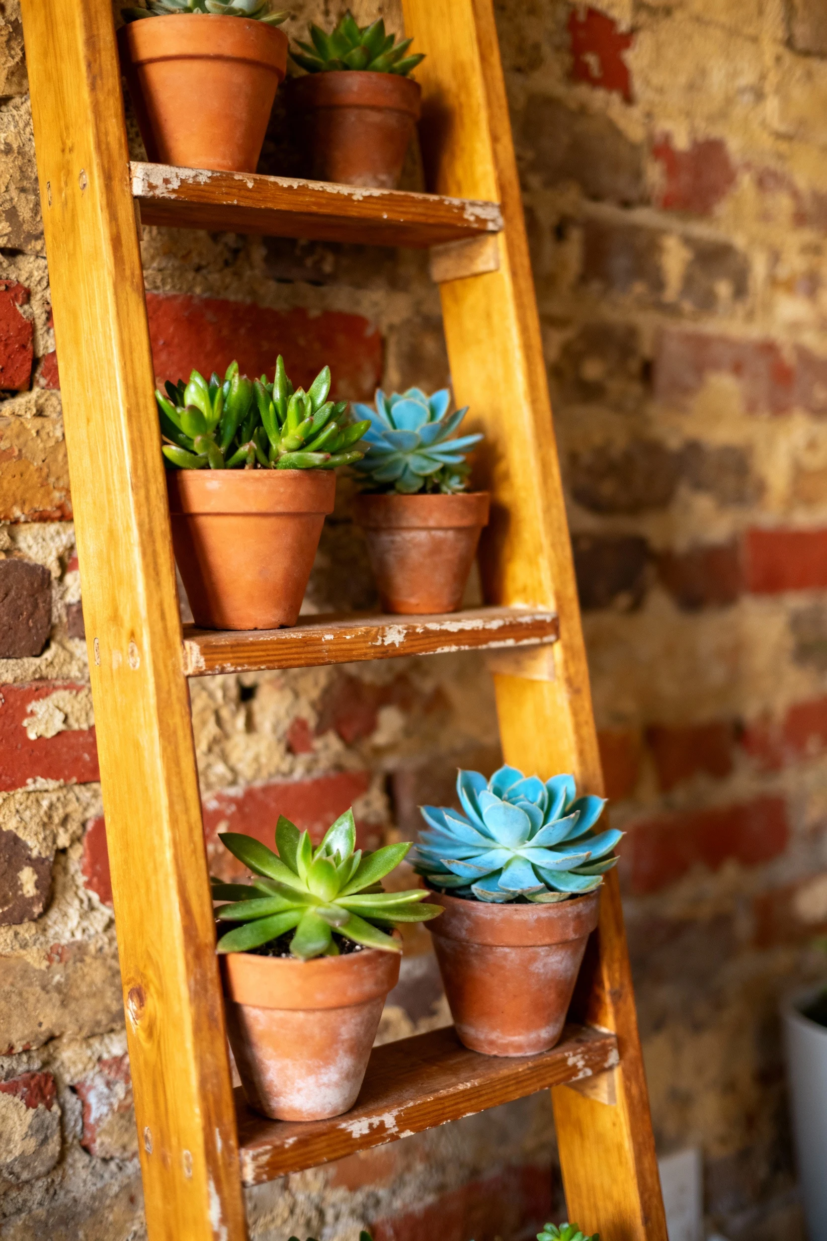 vertical ladder-style wooden plant rack with potted succulents against brick wall