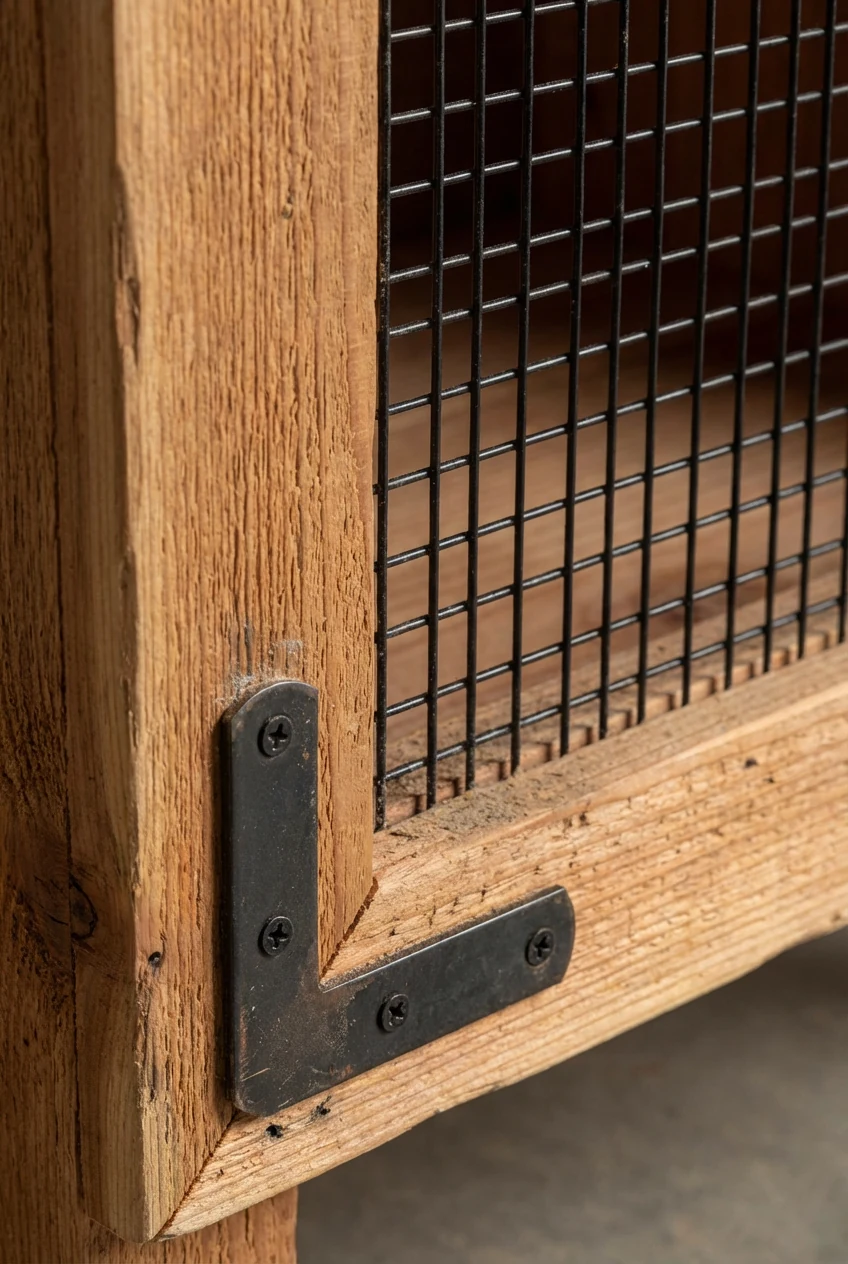 closeup cedar frame corner, black wire panel, bracket screws