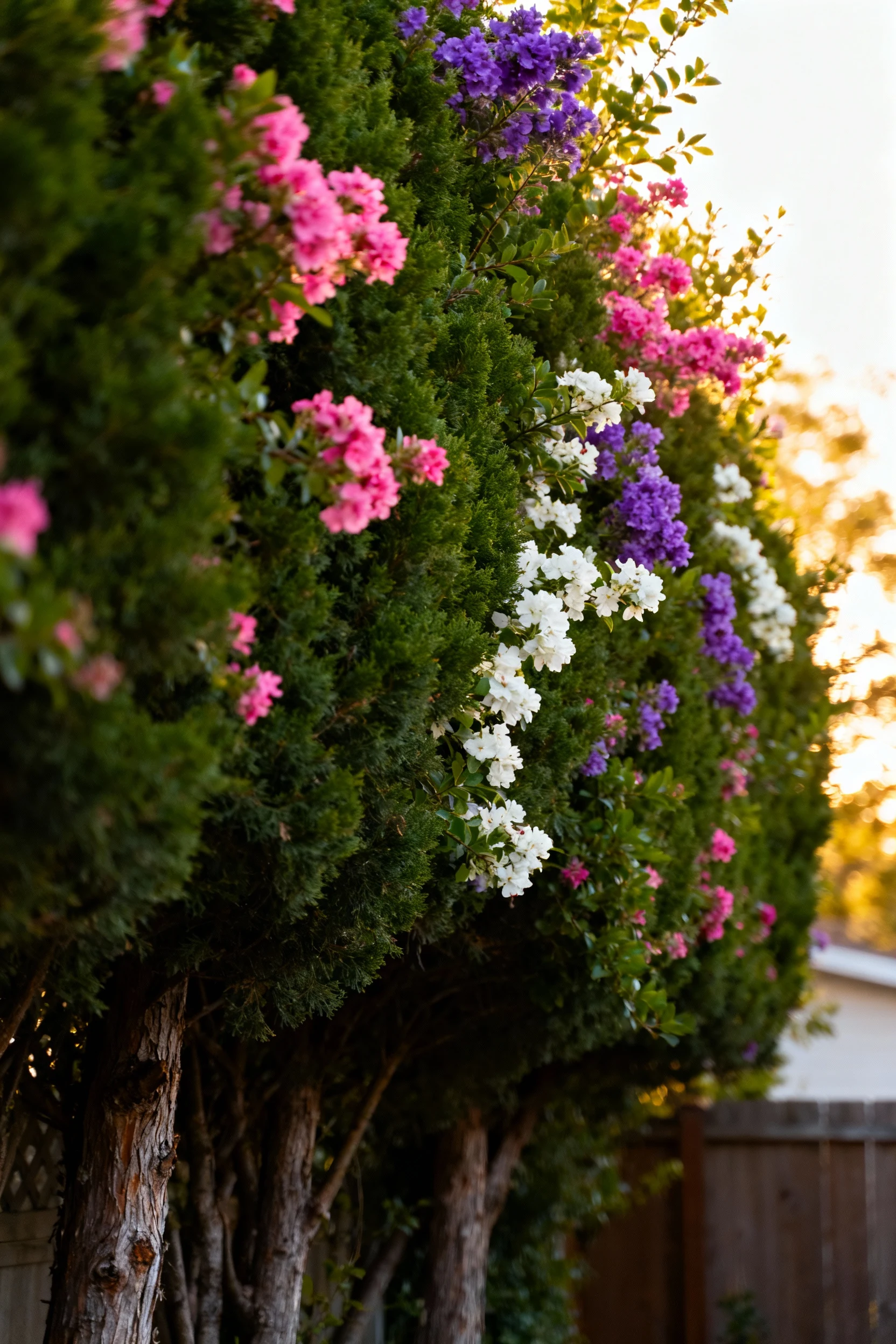 low angle view of mixed evergreen and flowering hedges in backyard