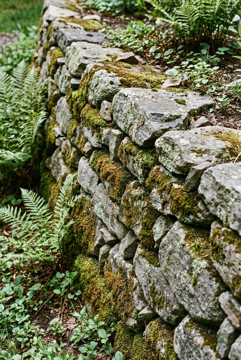 closeup mossy gray fieldstone dry-stack border shingled forward with wedges