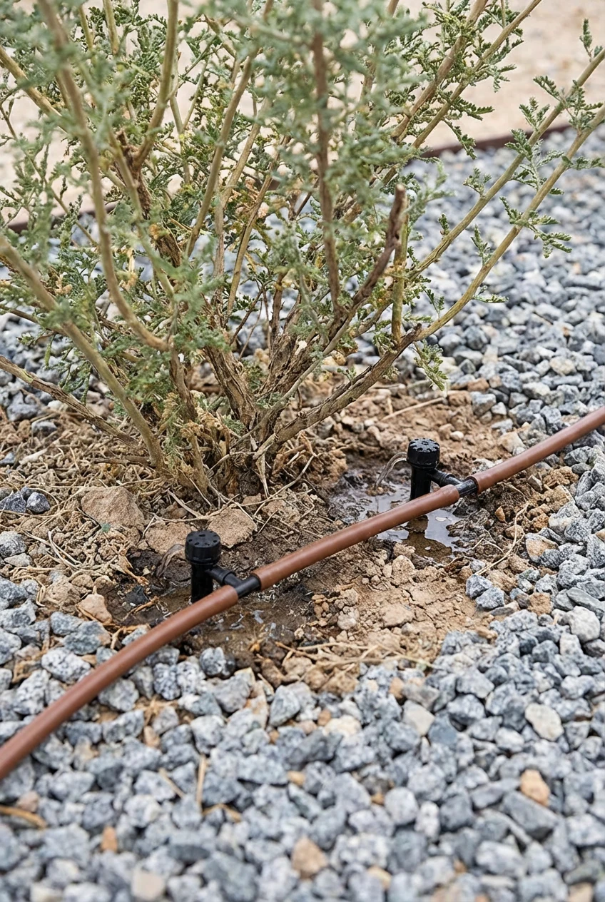 two drip irrigation emitters at shrub drip line, gravel