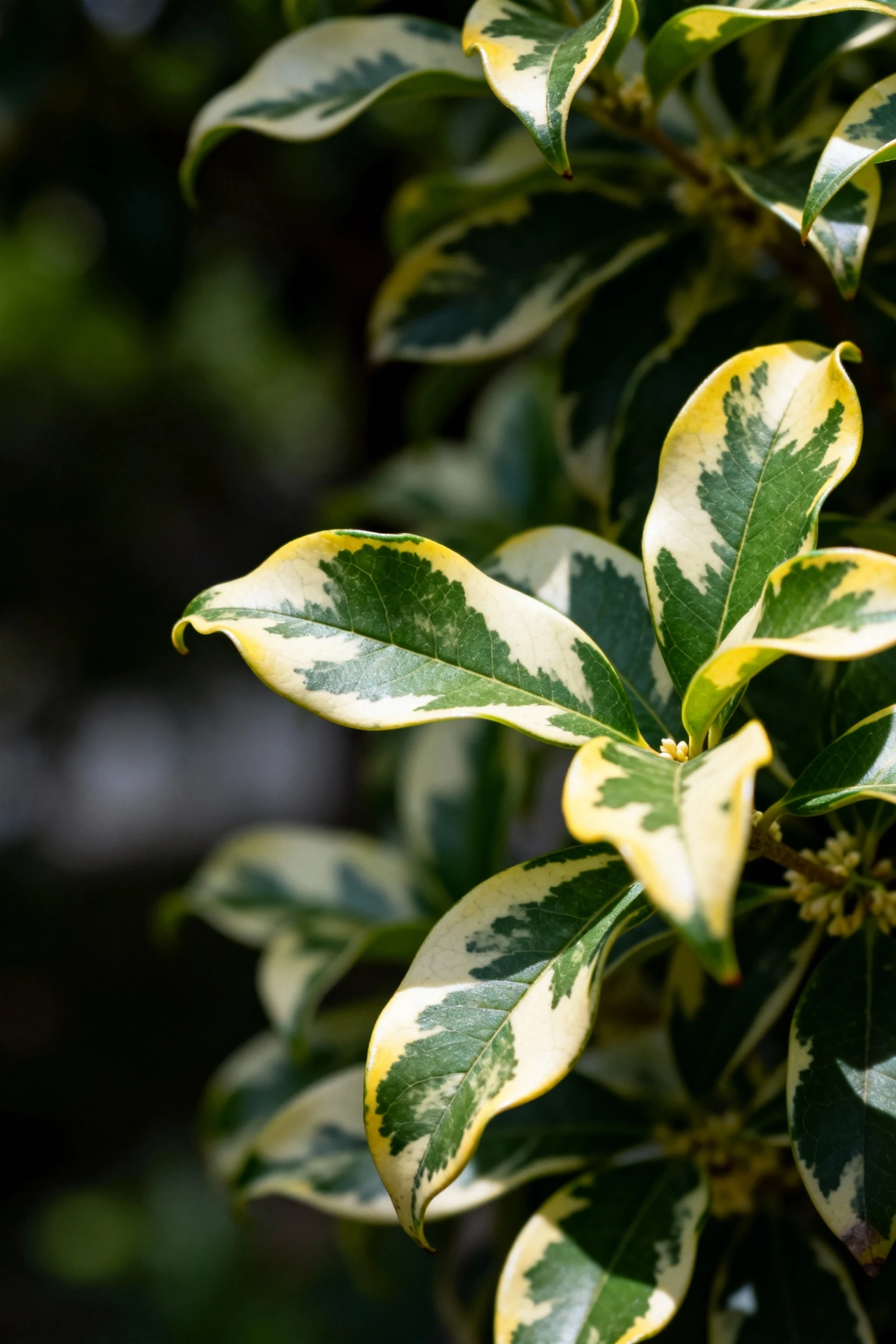 closeup variegated osmanthus goshiki foliage in shade