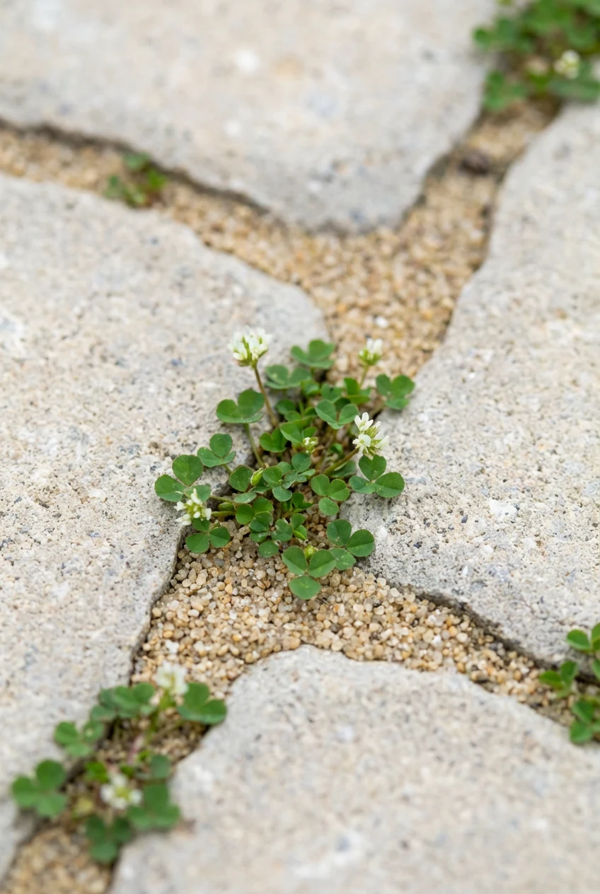3. closeup microclover between light pavers, polymeric sand joints