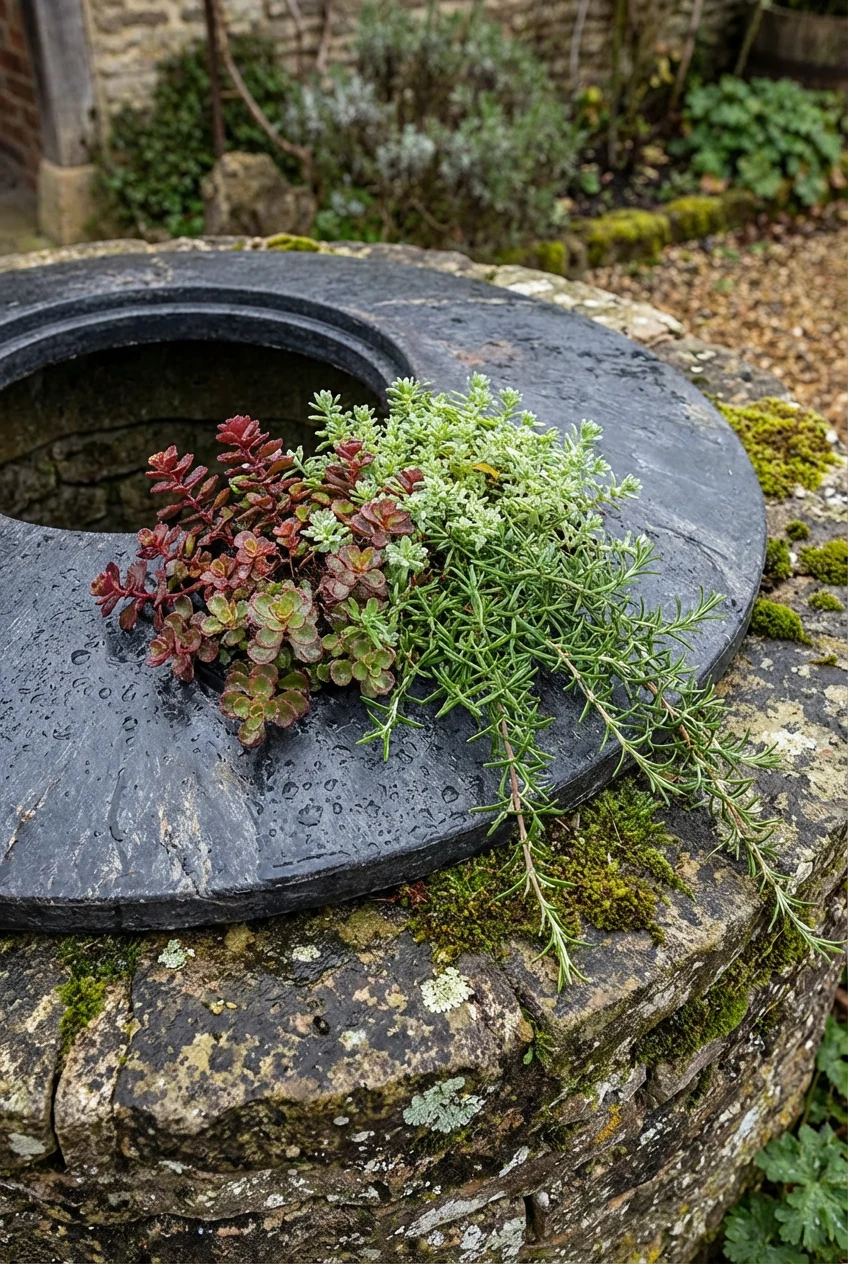 closeup charcoal composite planter lid over well, sedum, rosemary