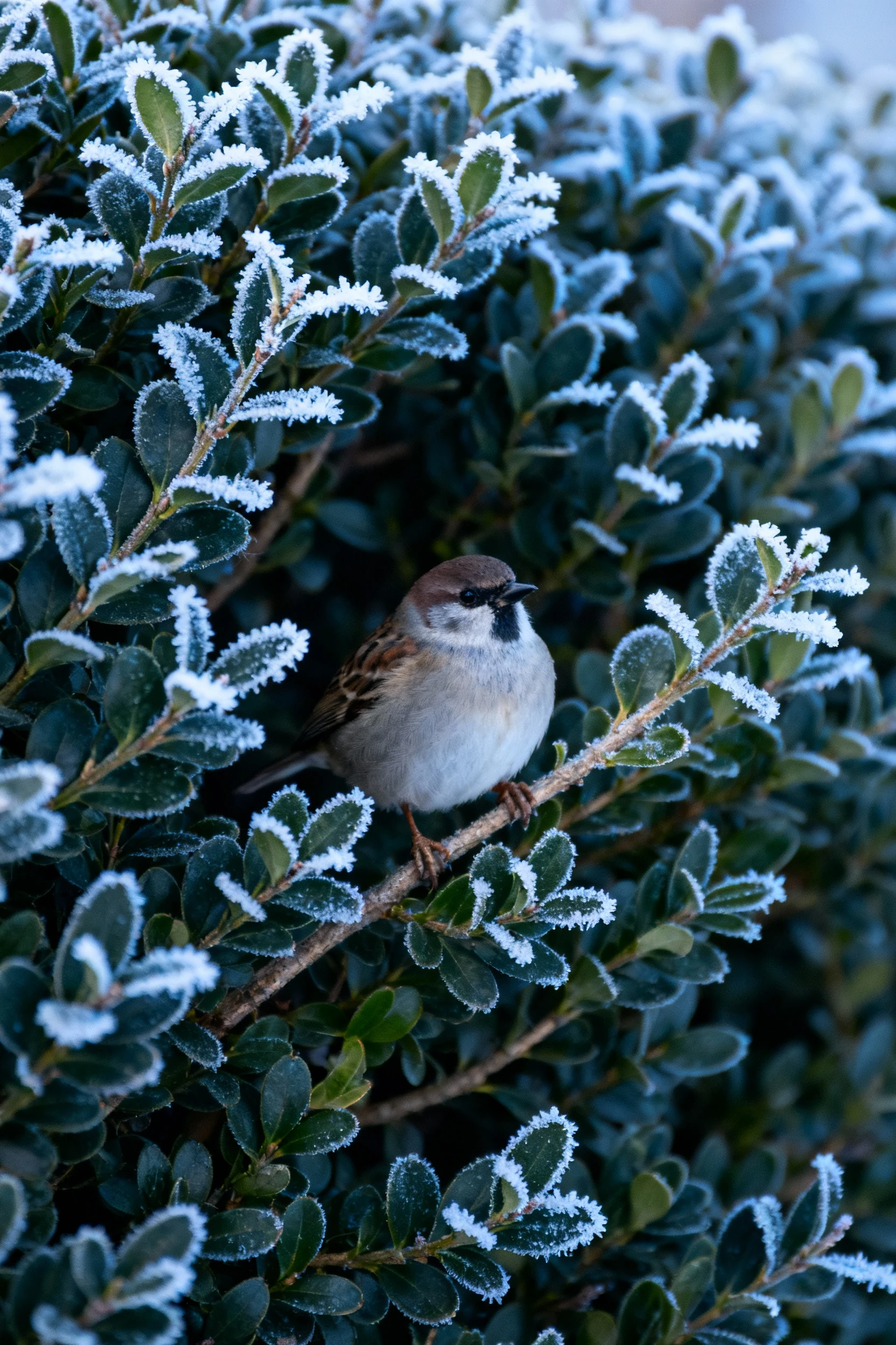 bird perched inside dense boxwood hedge during winter frost