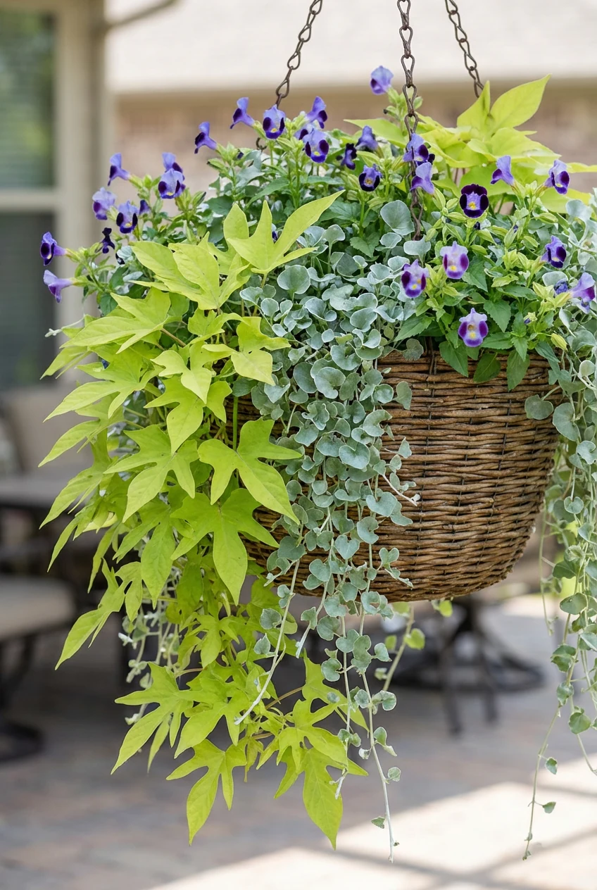 hanging basket closeup: lacy chartreuse vine, silver dichondra, torenia