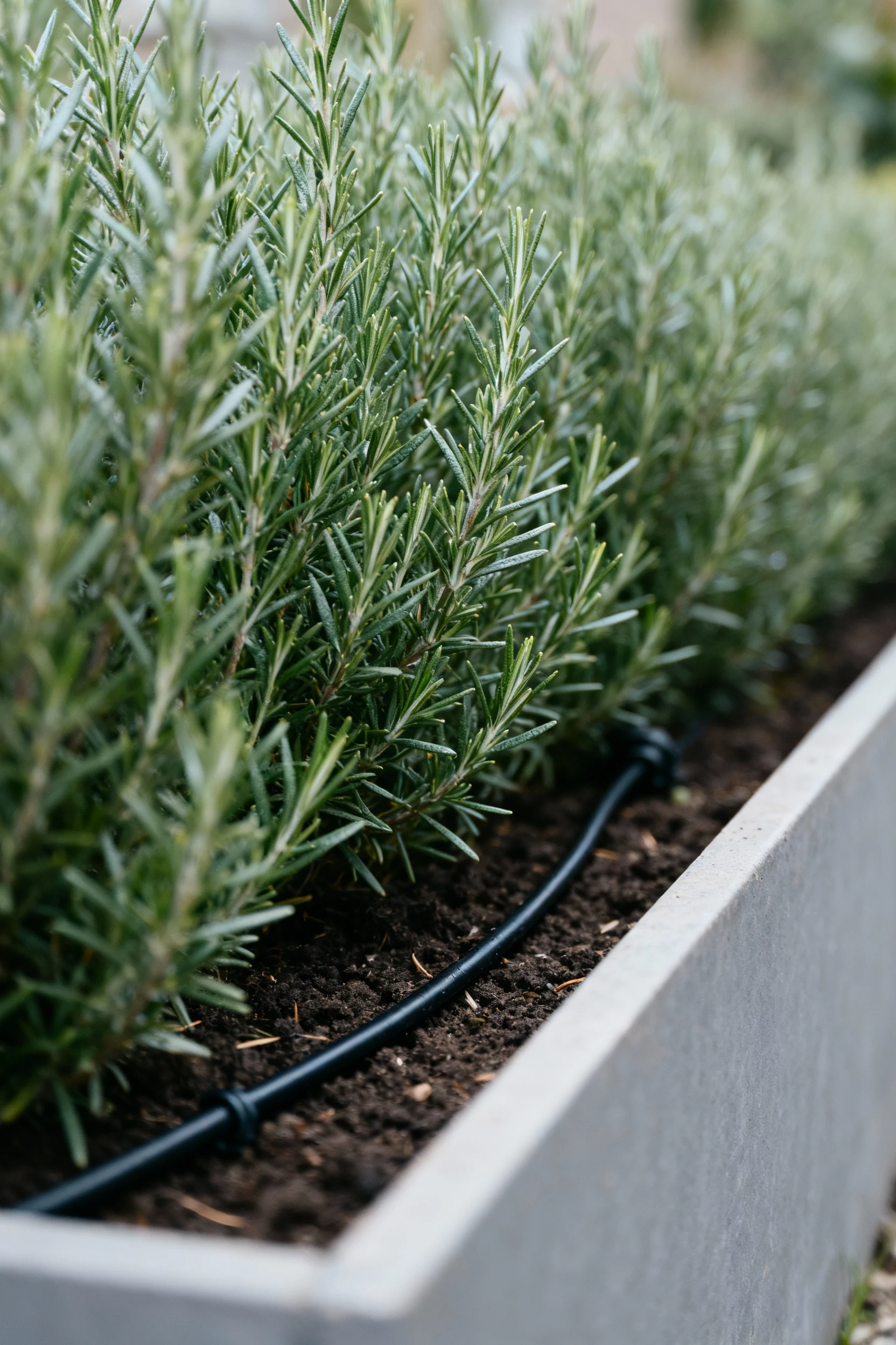 grey-green rosemary hedge in trough planter, micro-drip line