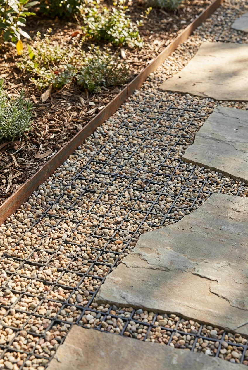 closeup of pea gravel grid, stepping pavers, steel edging
