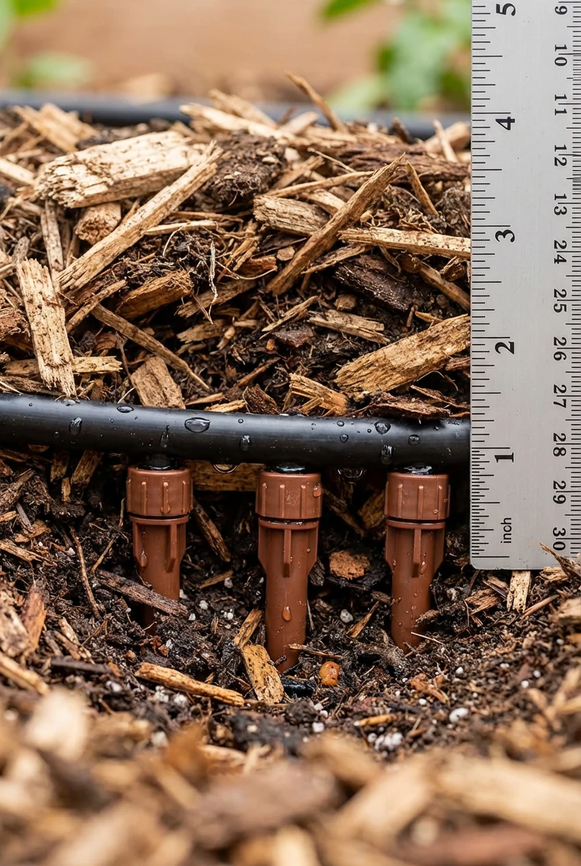 closeup drip irrigation emitters under 3-inch mulch ring