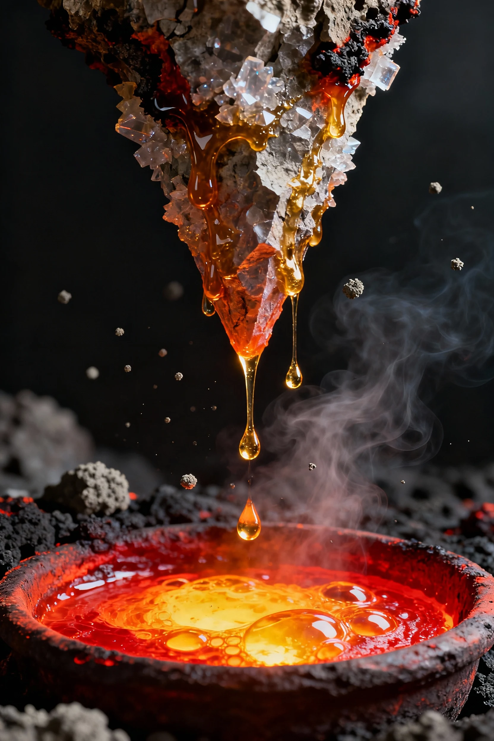 closeup of pointed dripstone dripping into lava cauldron
