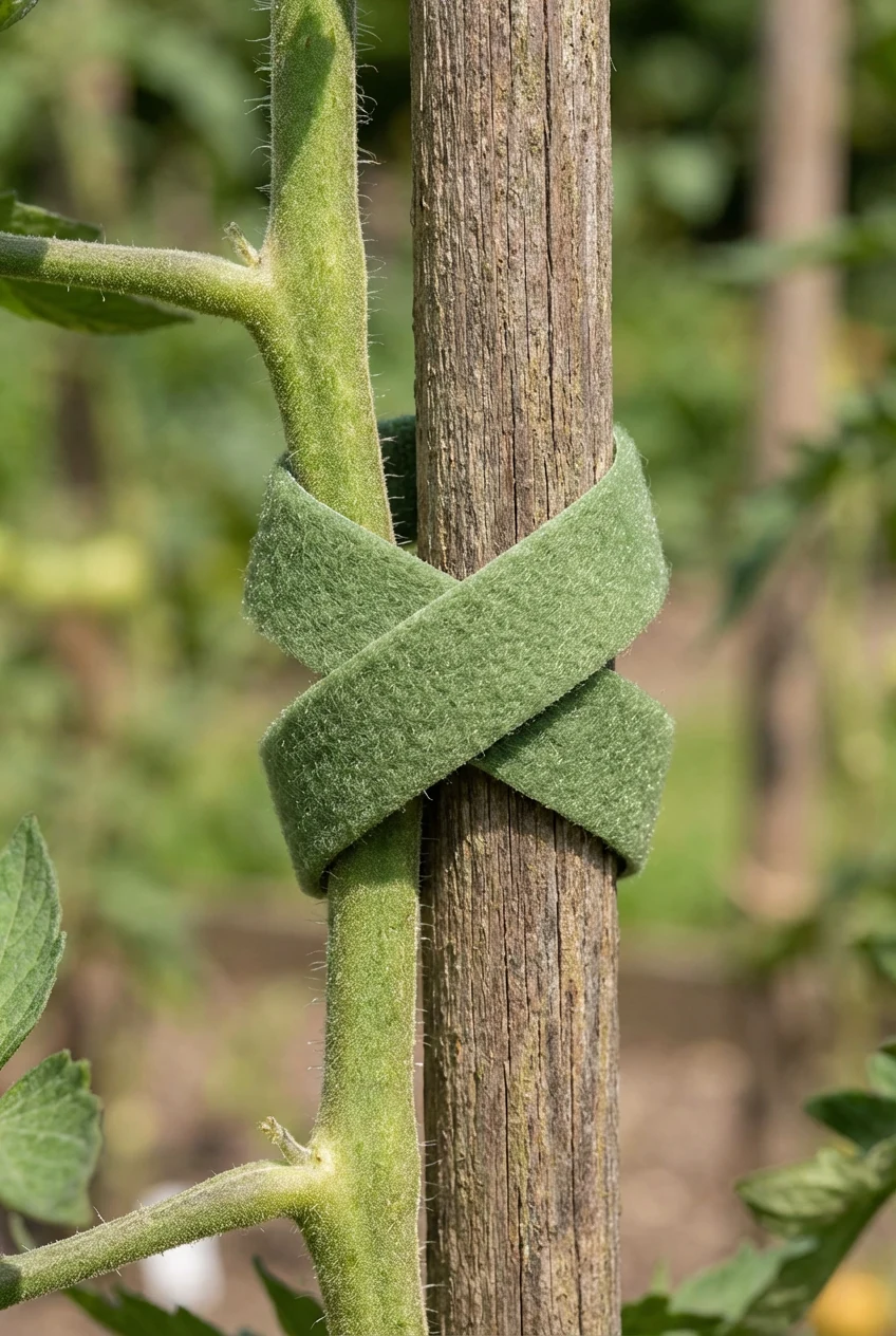 closeup soft green Velcro tie figure-eight, tomato stem, wooden stake