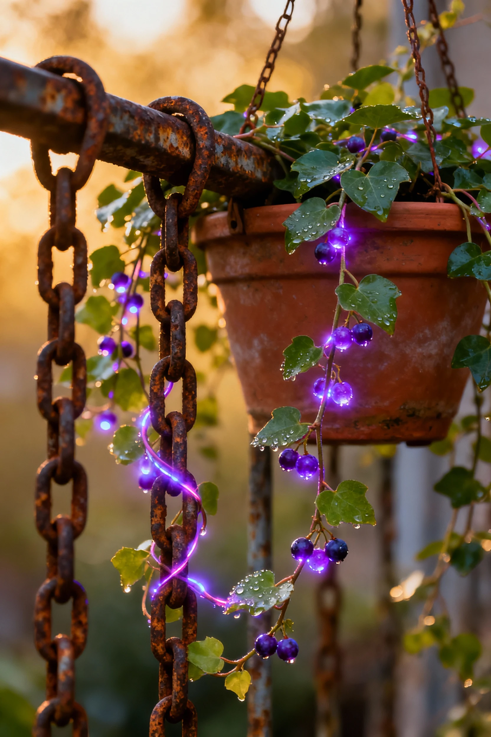 chains with hanging flower pots and glow berry vines, closeup