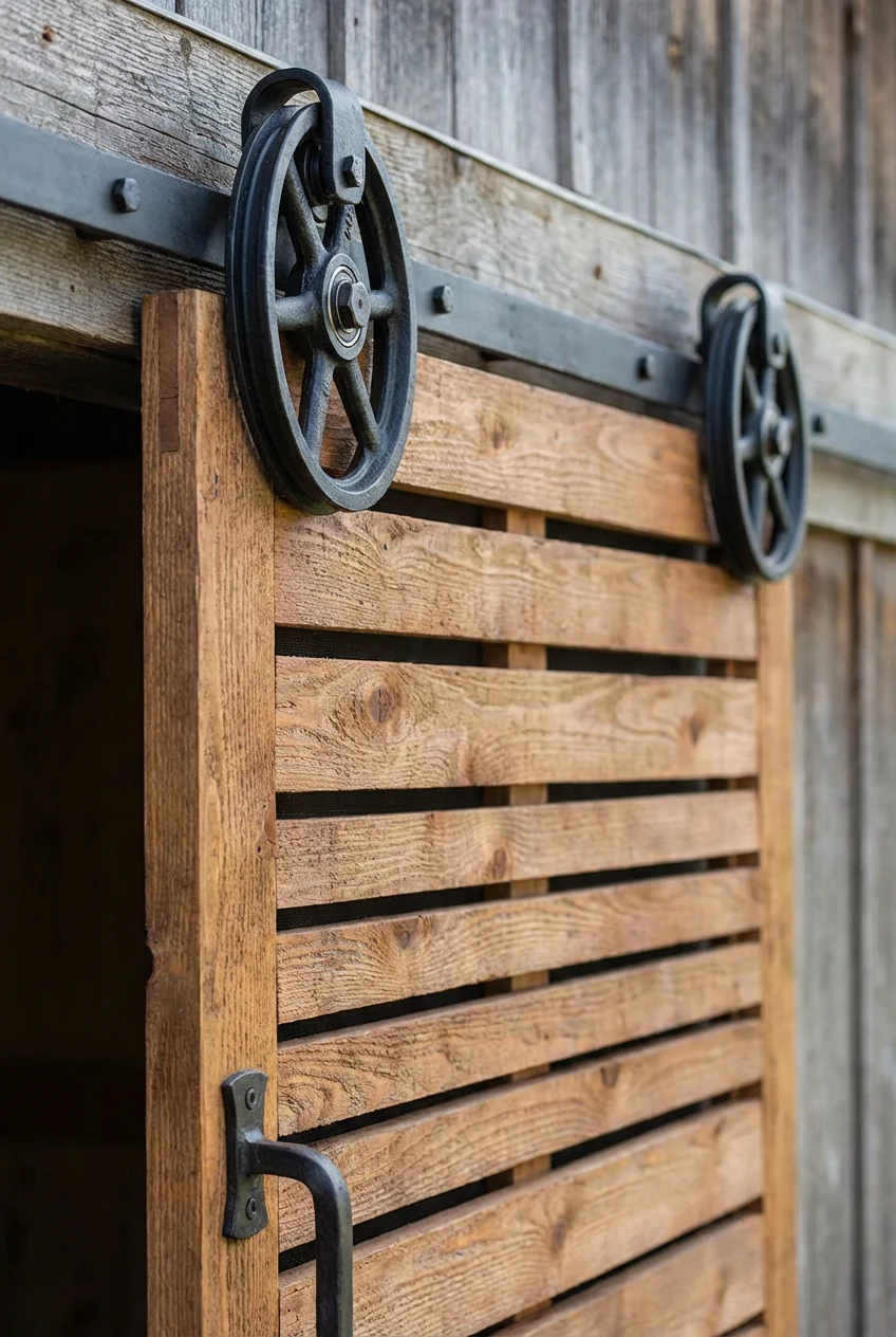 cedar sliding slat screen on barn-door track, close-up rollers