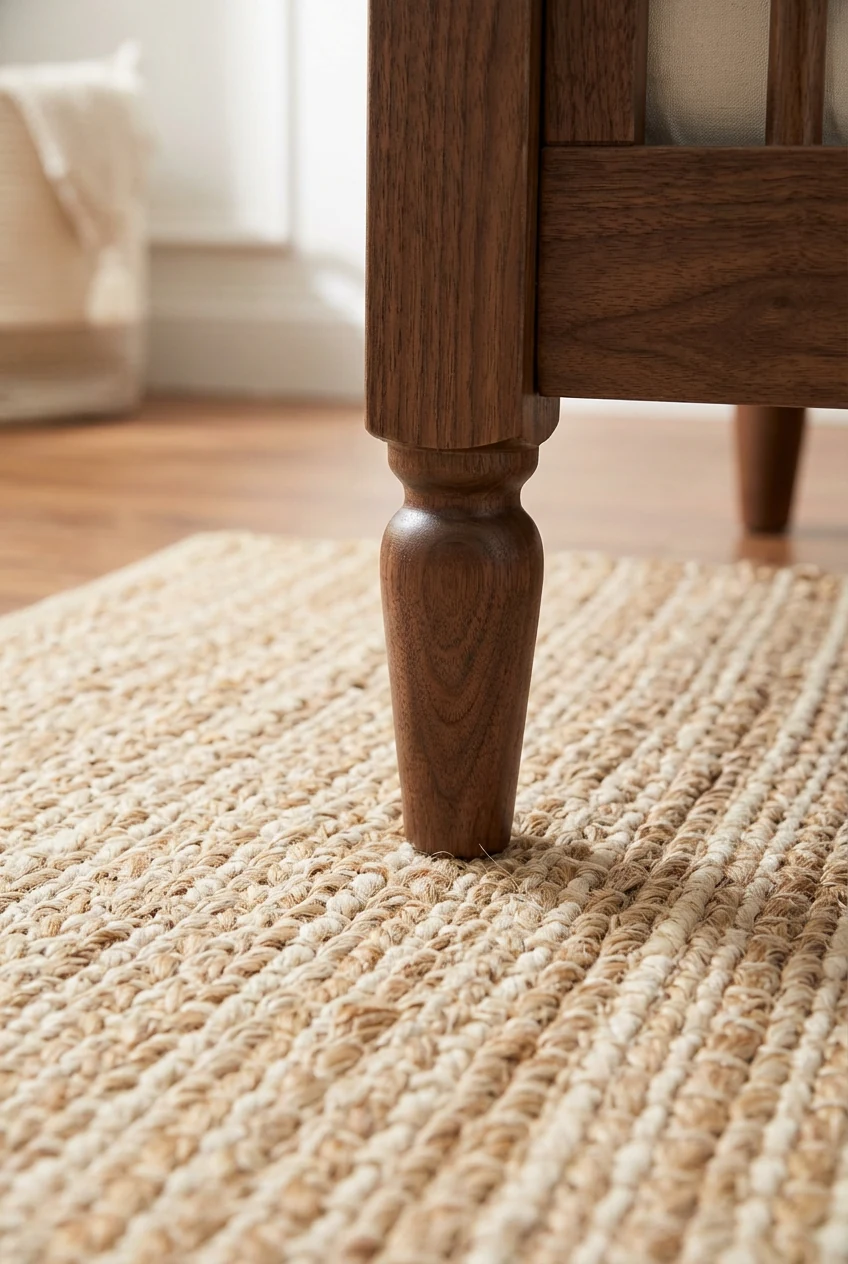 closeup of jute-cotton rug under walnut crib leg