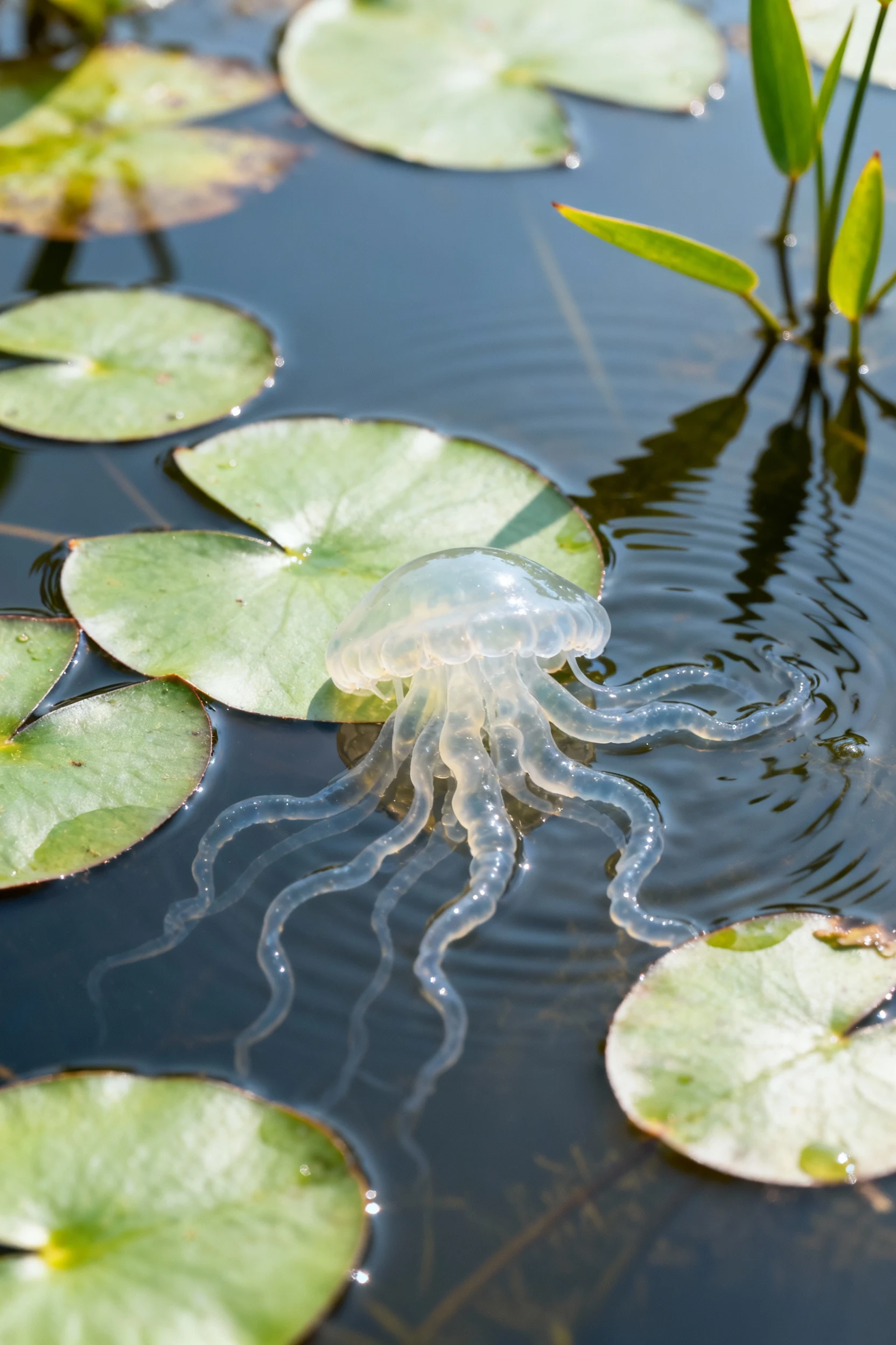 closeup sea pickles in shallow pond, lily pads, dripleaf