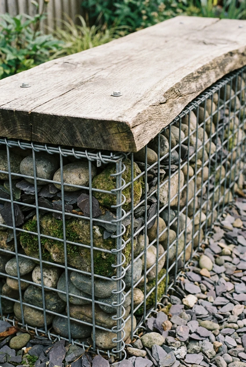 closeup gabion bench, wire basket rocks, wood plank seat