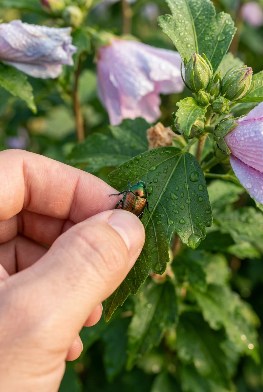 hand removing Japanese beetle from hibiscus leaf, morning dew
