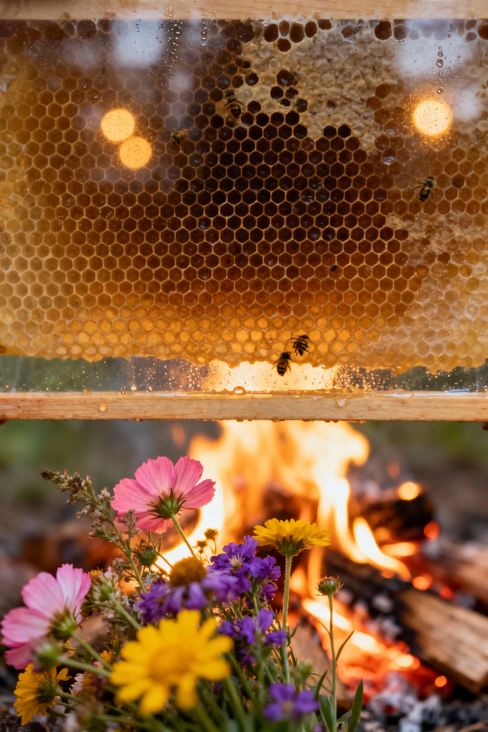 closeup beehive behind glass, campfire below, flower cluster