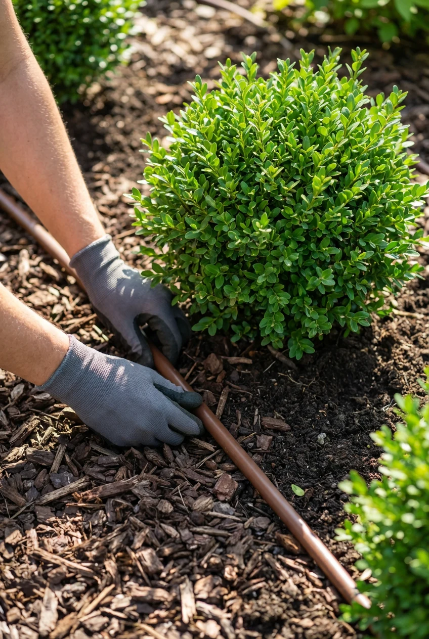 hands placing drip line under mulch beside dwarf boxwood