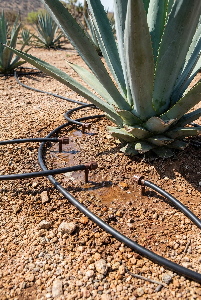 drip irrigation emitters near agave crown on decomposed granite