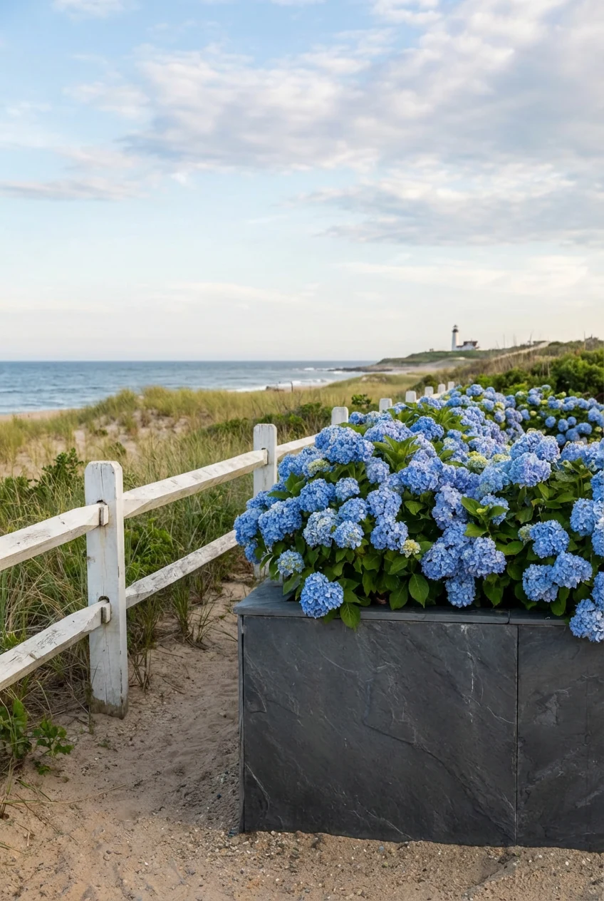 coastal white fence beside slate planter, blue hydrangeas