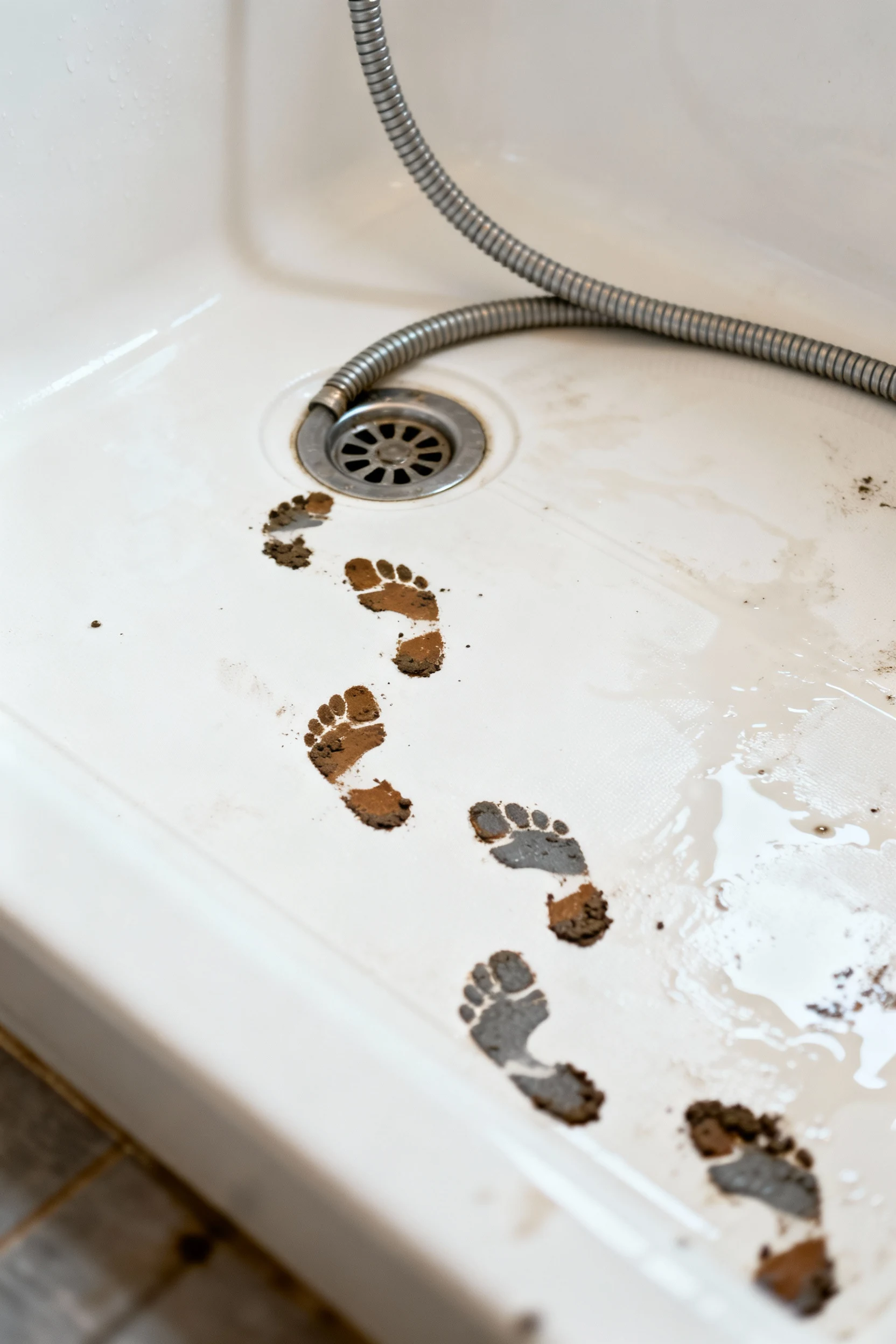closeup white shower pan floor, drain, hose, muddy duck footprints