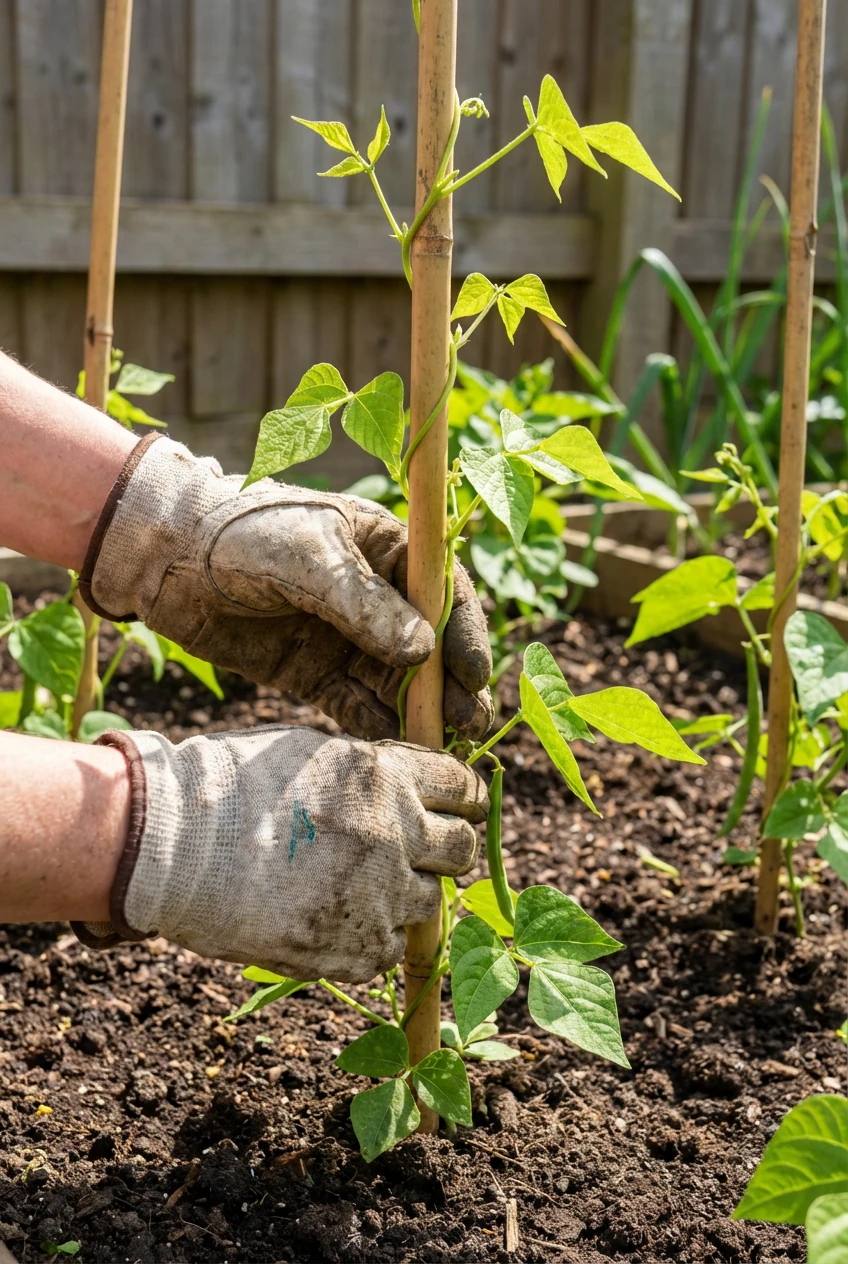 gloved hands guiding young green bean vine around bamboo