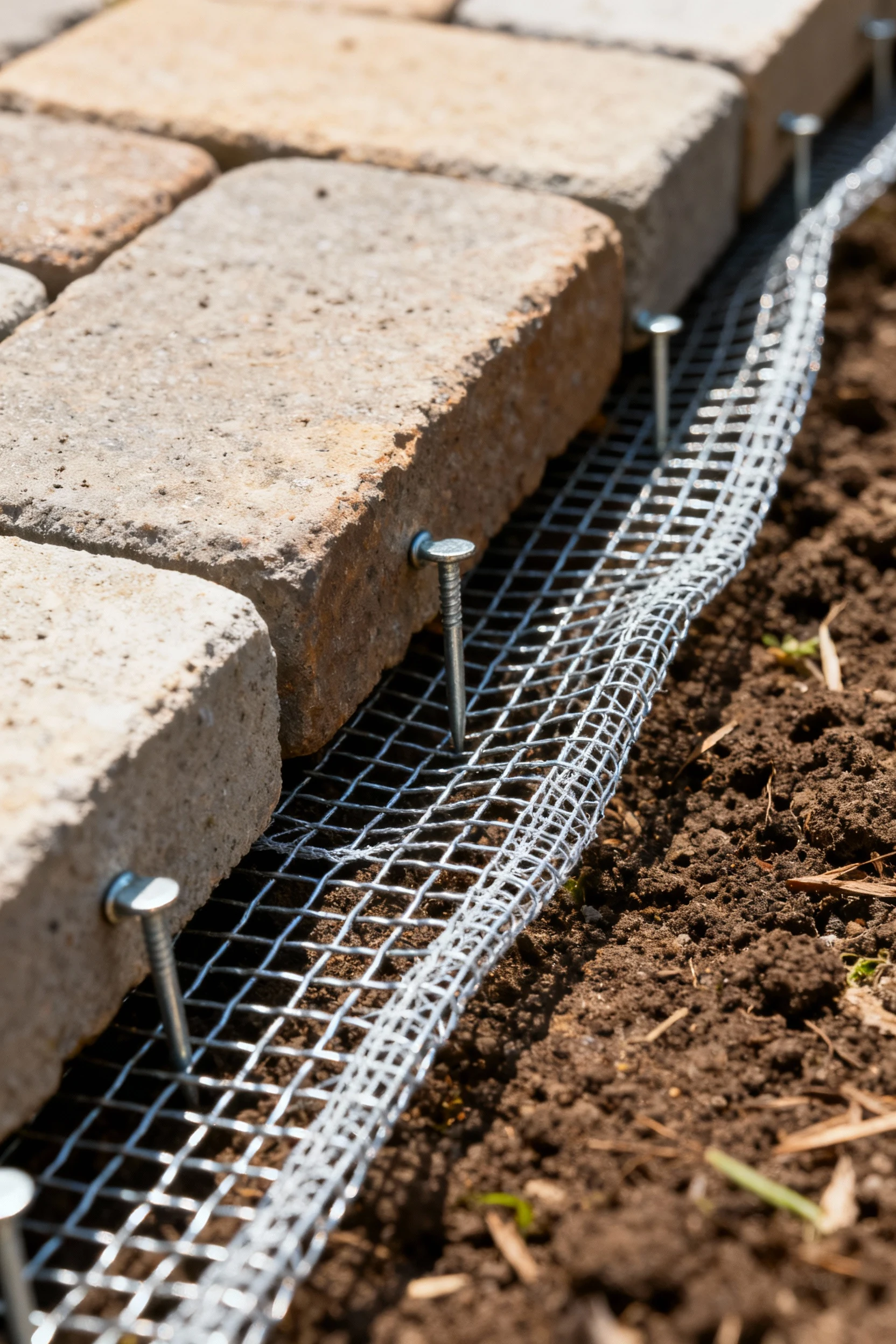 closeup of hardware cloth apron under pavers, landscape staples