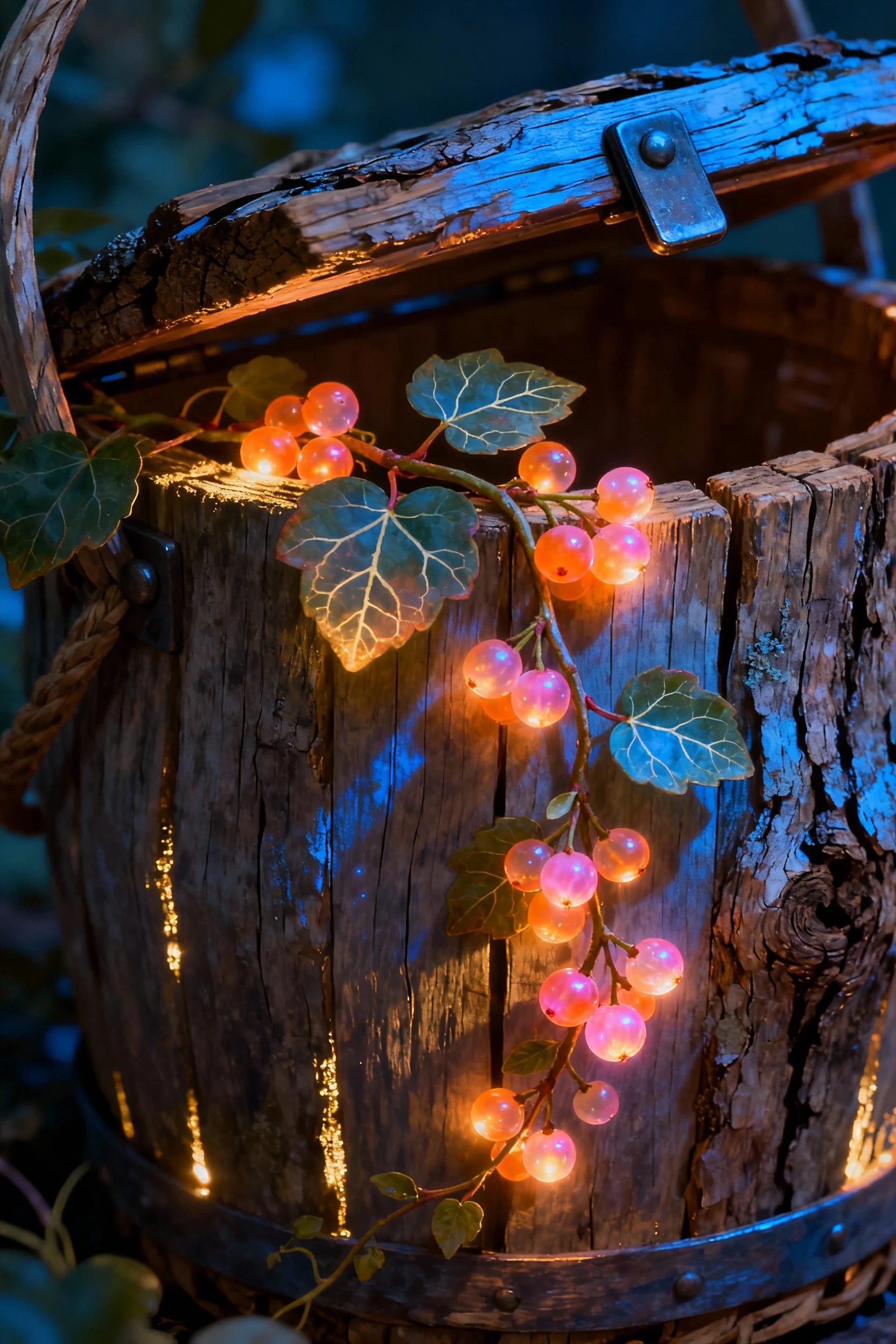 detail glow berry vine draping from oak trapdoor basket
