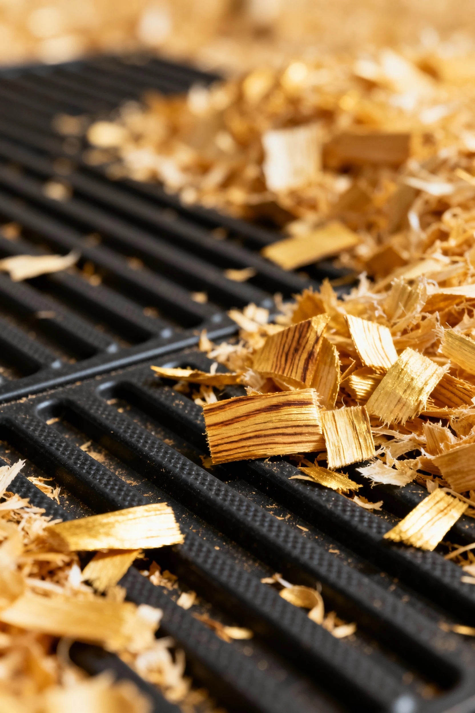 closeup deep-litter bedding on rubber stall mat, golden shavings