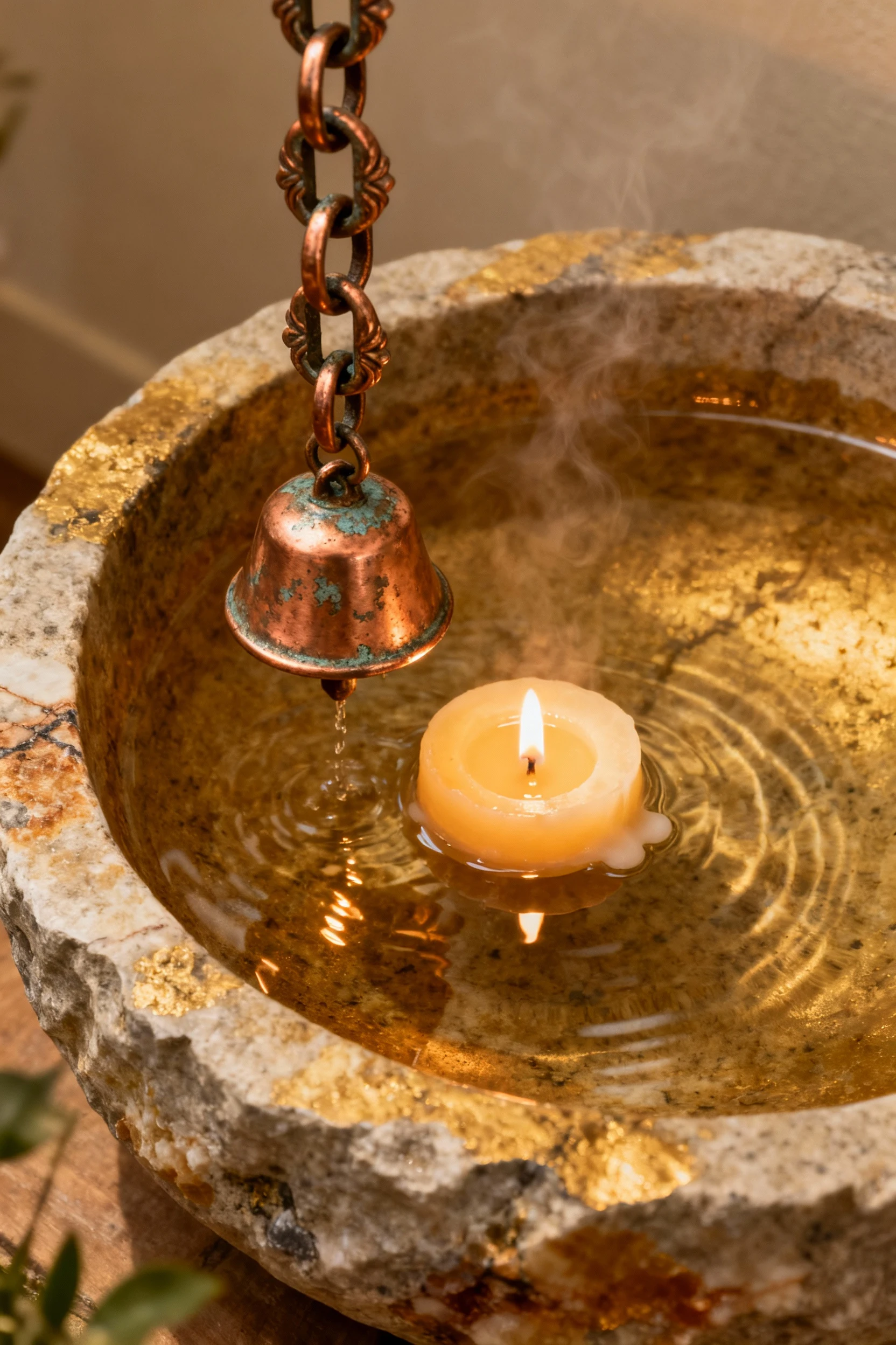closeup copper rain chain, stone basin, floating candle