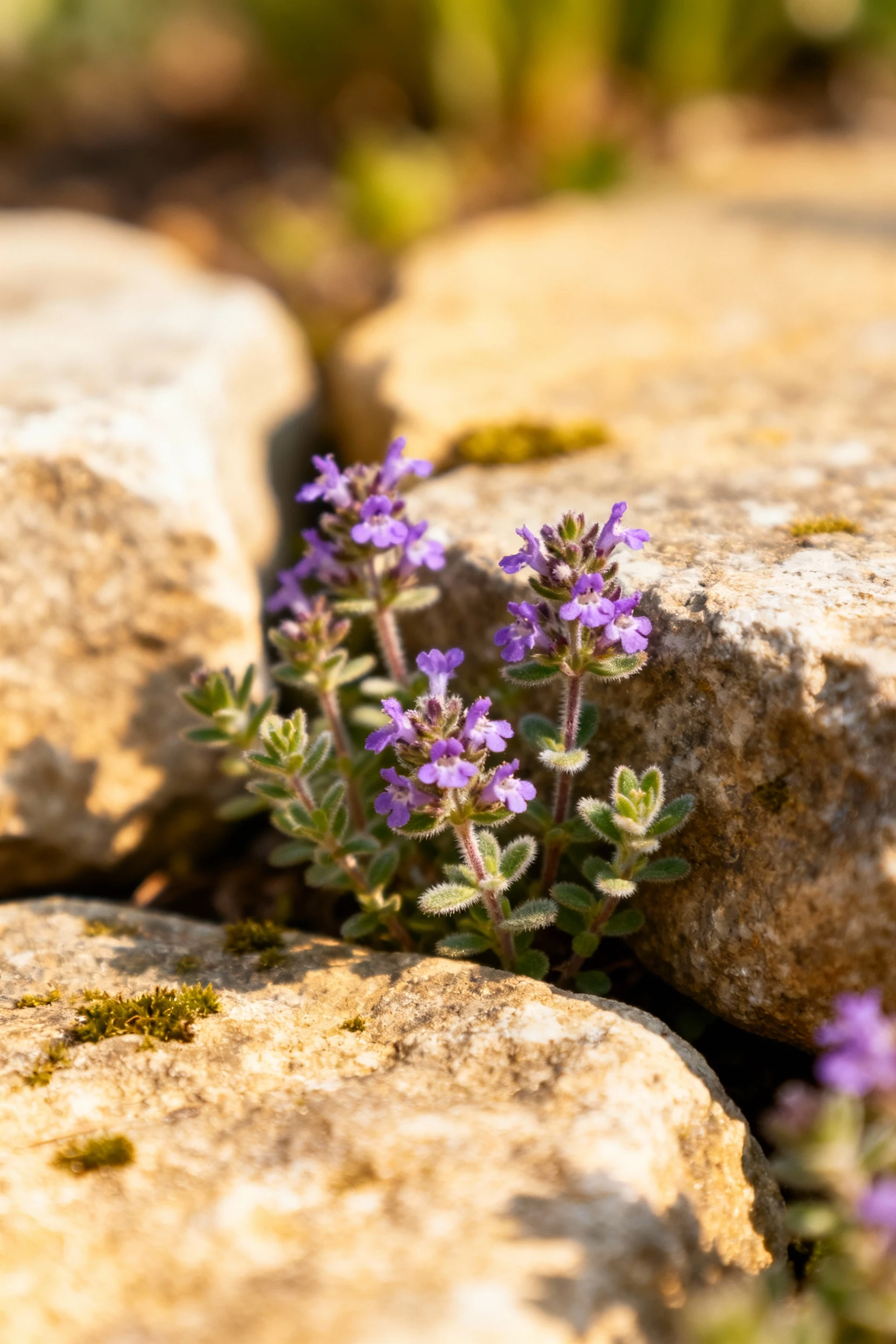closeup creeping thyme with soft purple blooms between stones