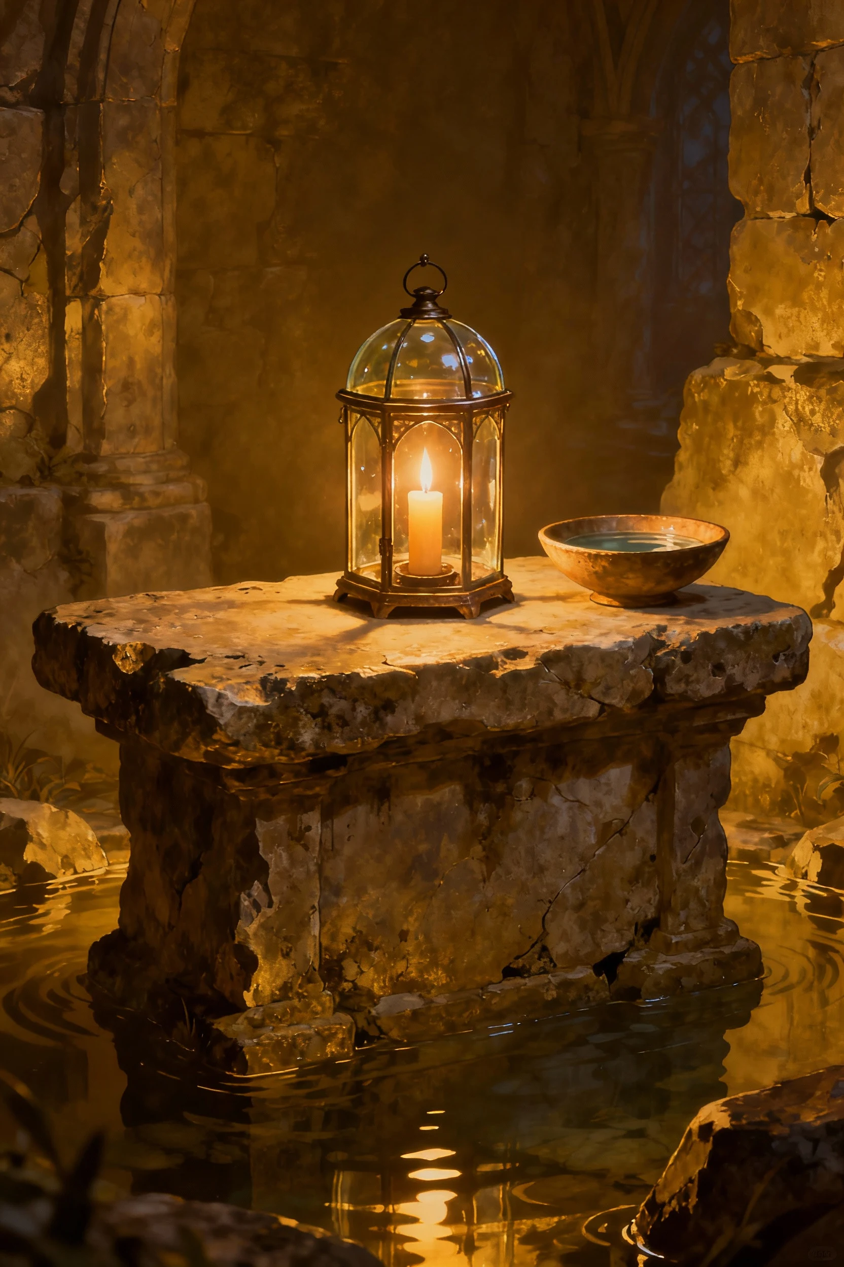 stone slab altar with enclosed candle lantern and water bowl