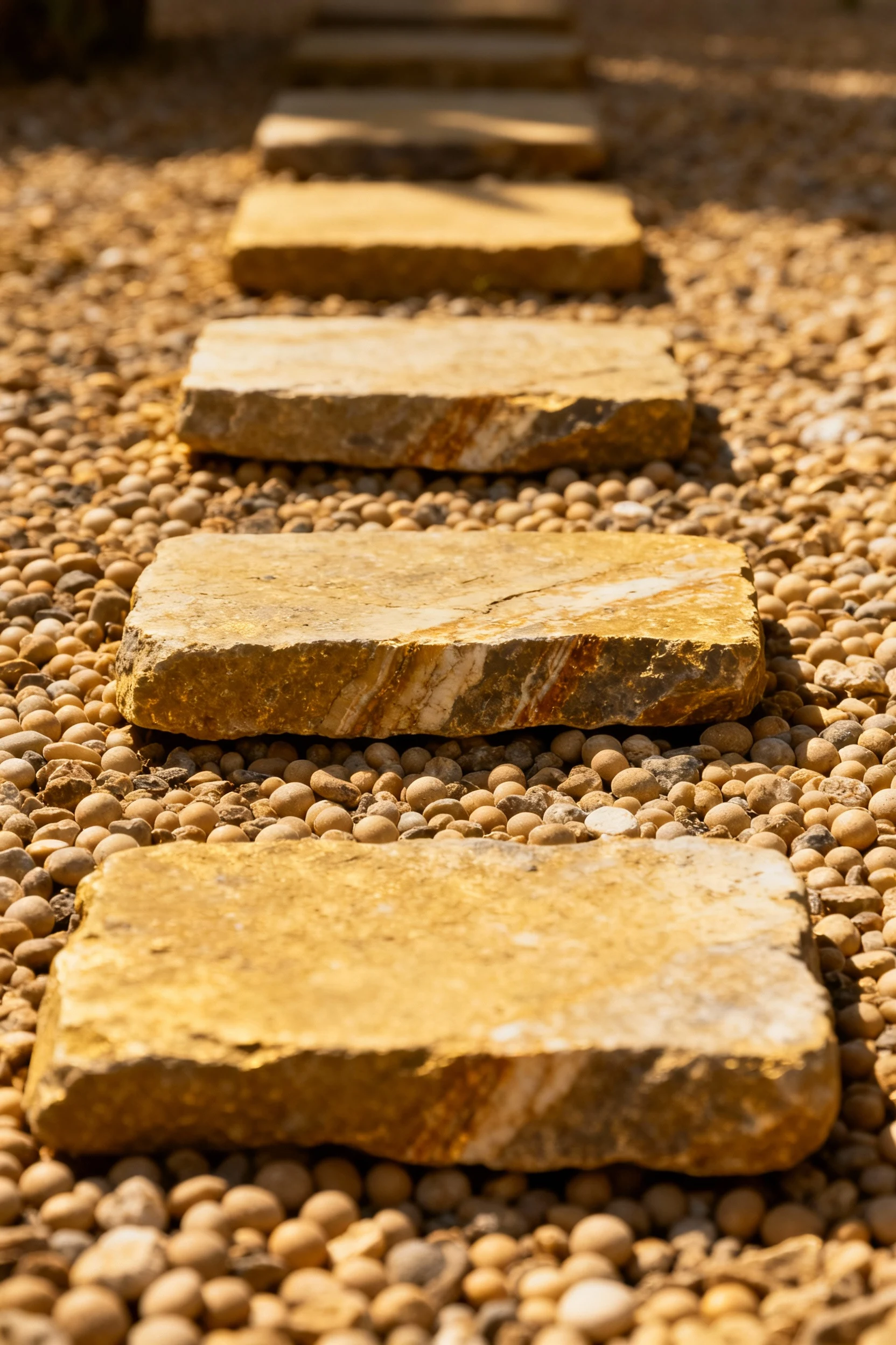 closeup evenly spaced salvaged flagstones over pea gravel