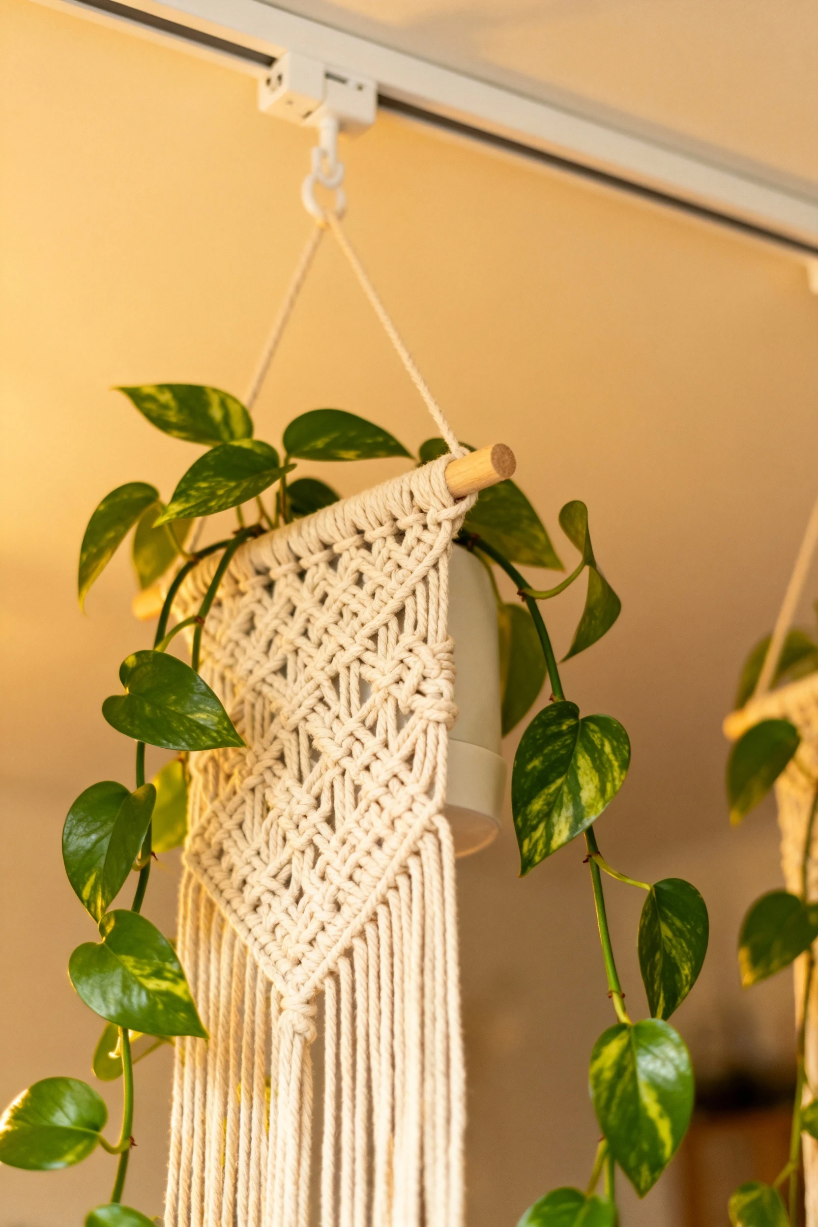closeup ivory macrame hangers on ceiling track, trailing pothos leaves